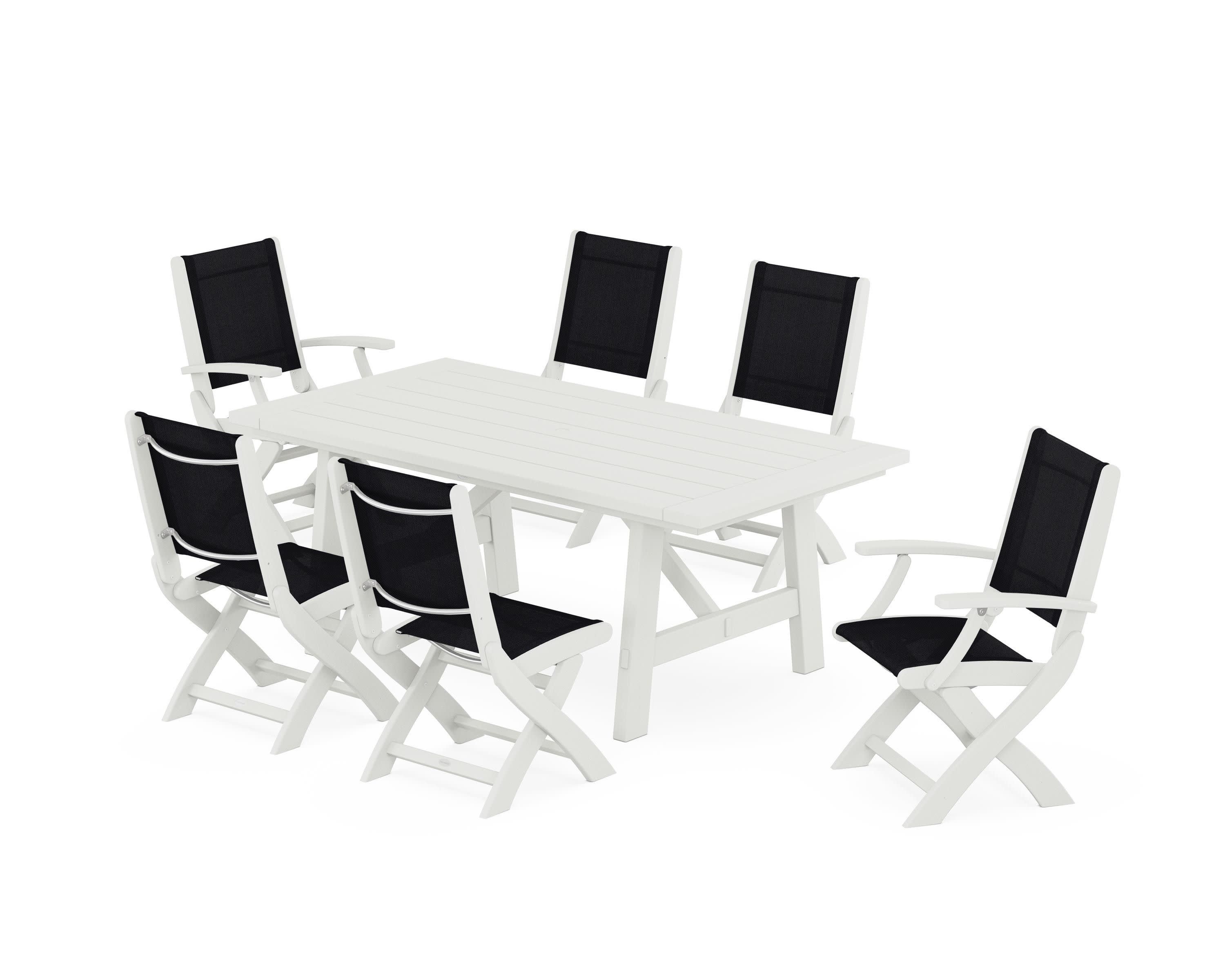 Coastal Folding Chair 7-Piece Rustic Farmhouse Dining Set in Vintage White / Black Sling