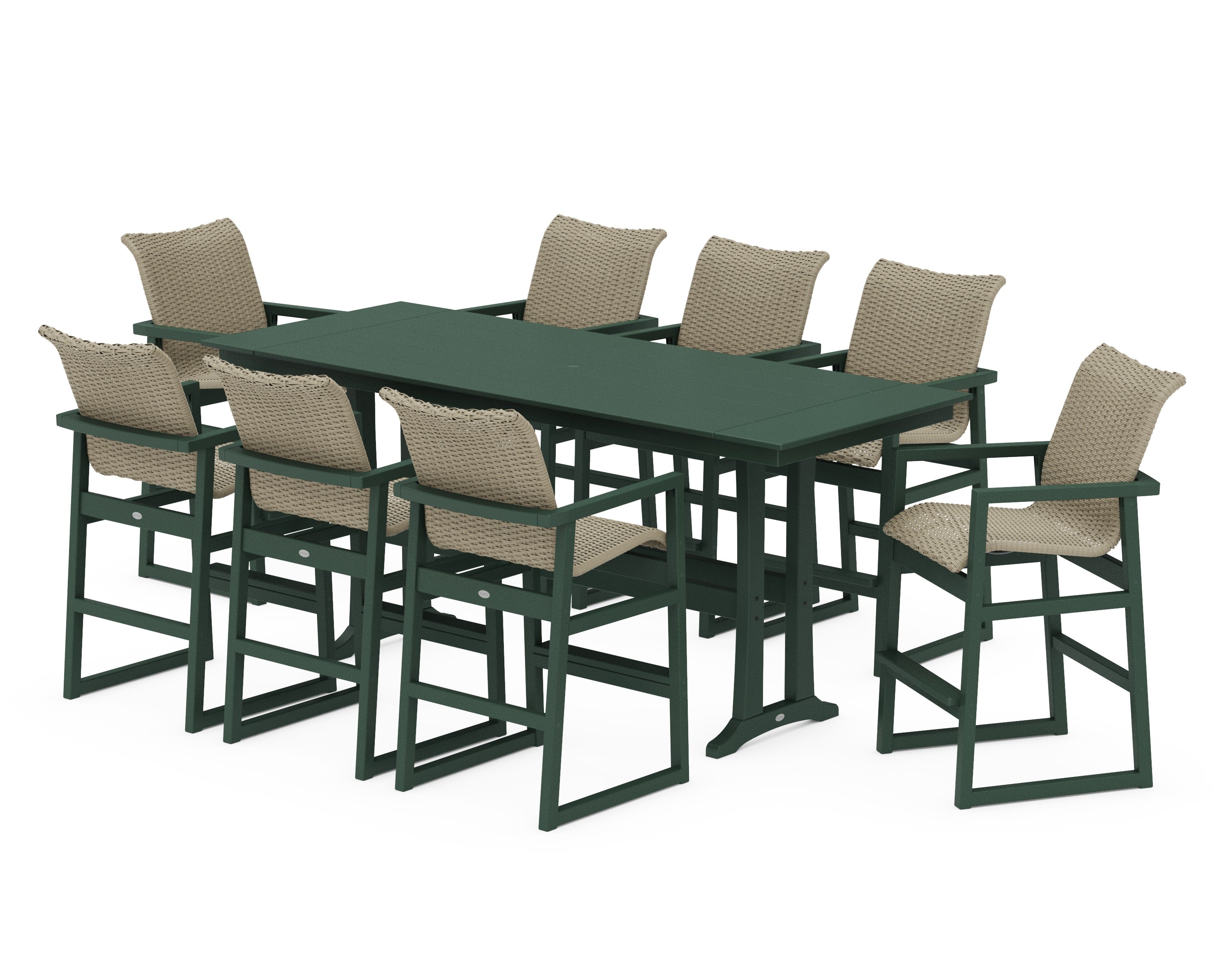 EDGE Woven 9-Piece Farmhouse Bar Set with Trestle Legs in Green / Dune Grass
