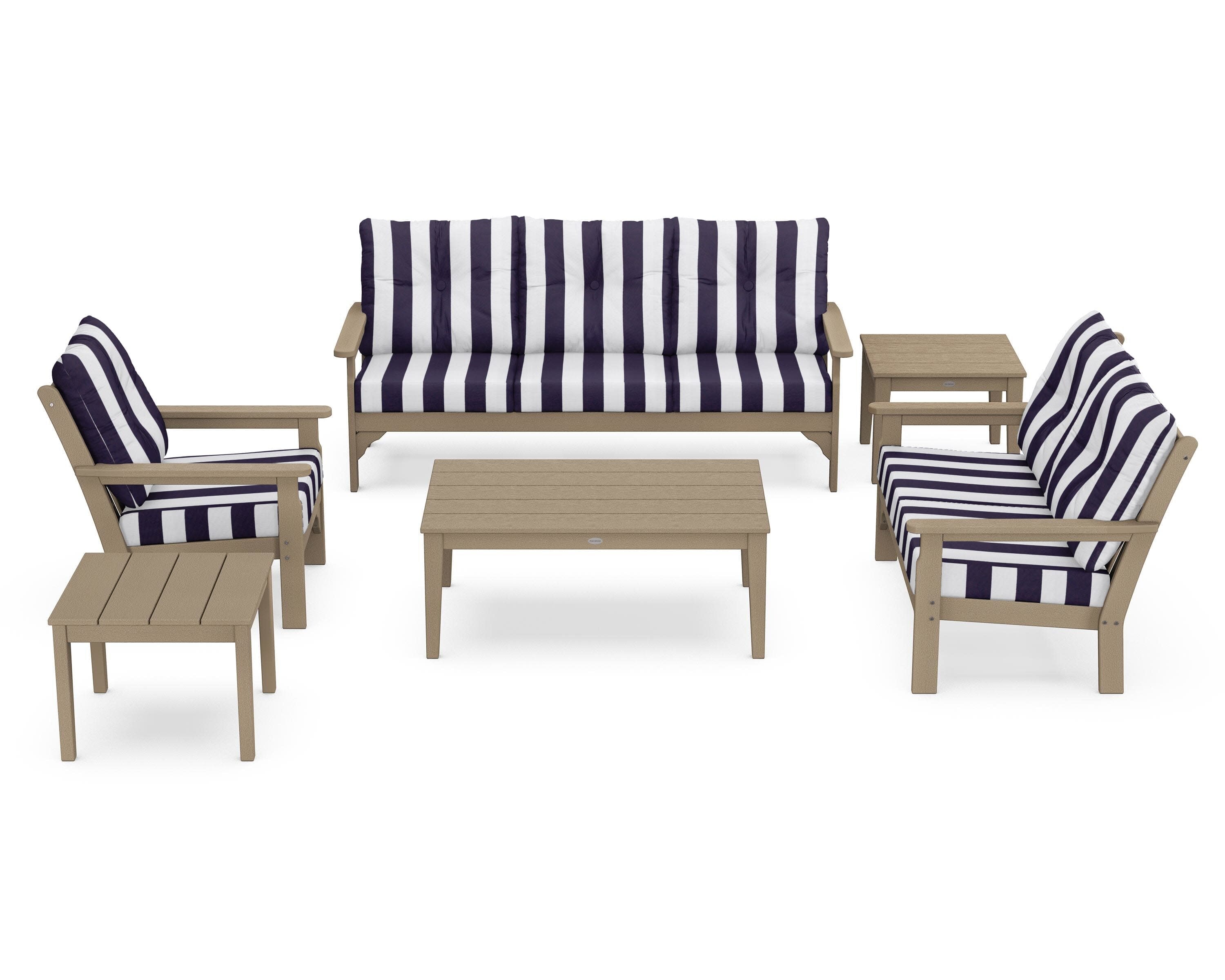 Vineyard 6-Piece Deep Seating Set in Vintage Sahara / Cabana Stripe Navy