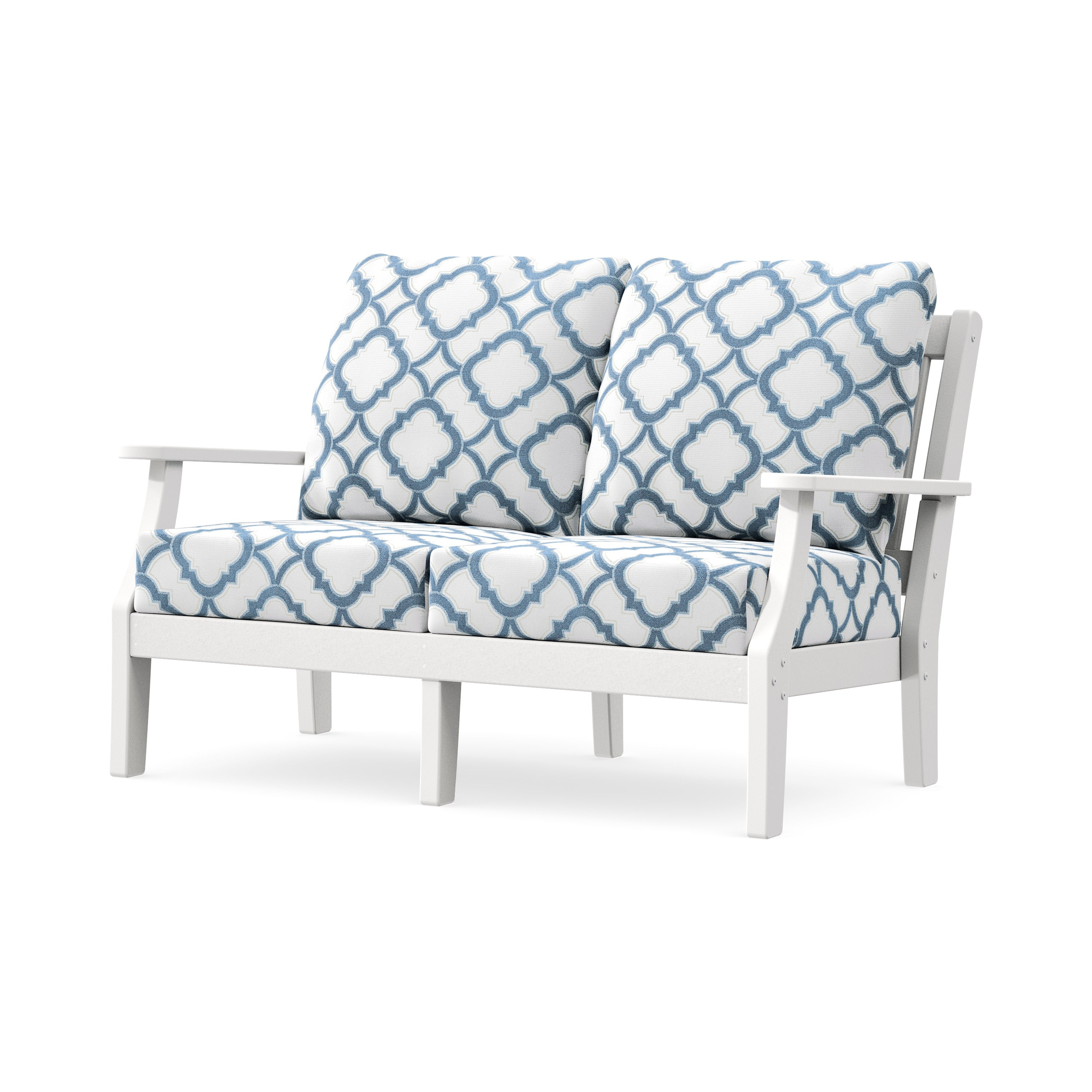 Chinoiserie Deep Seating Loveseat in White / Trellis Sky Blue