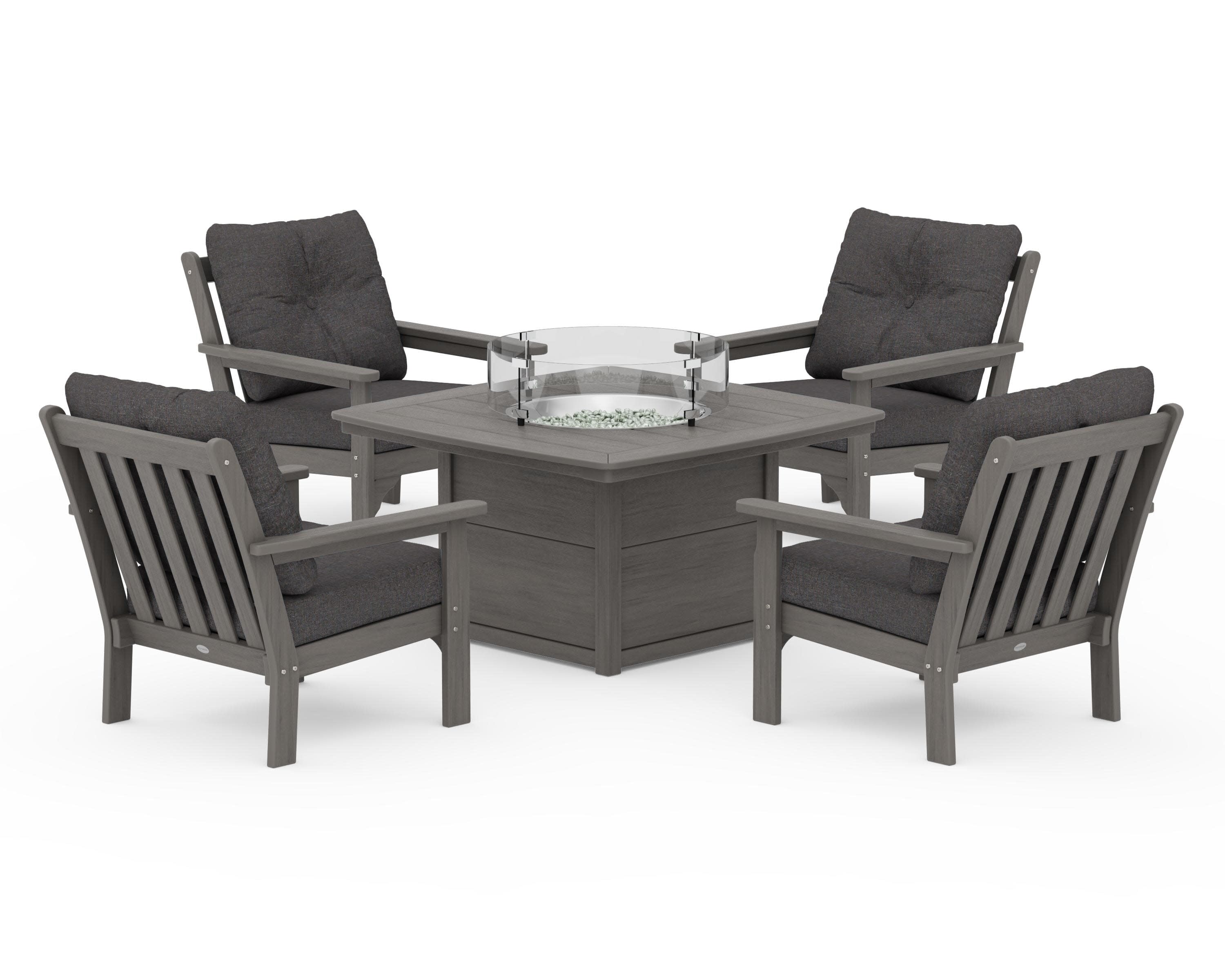 Vineyard 5-Piece Conversation Set with Fire Pit Table in Driftwood / Ash Charcoal