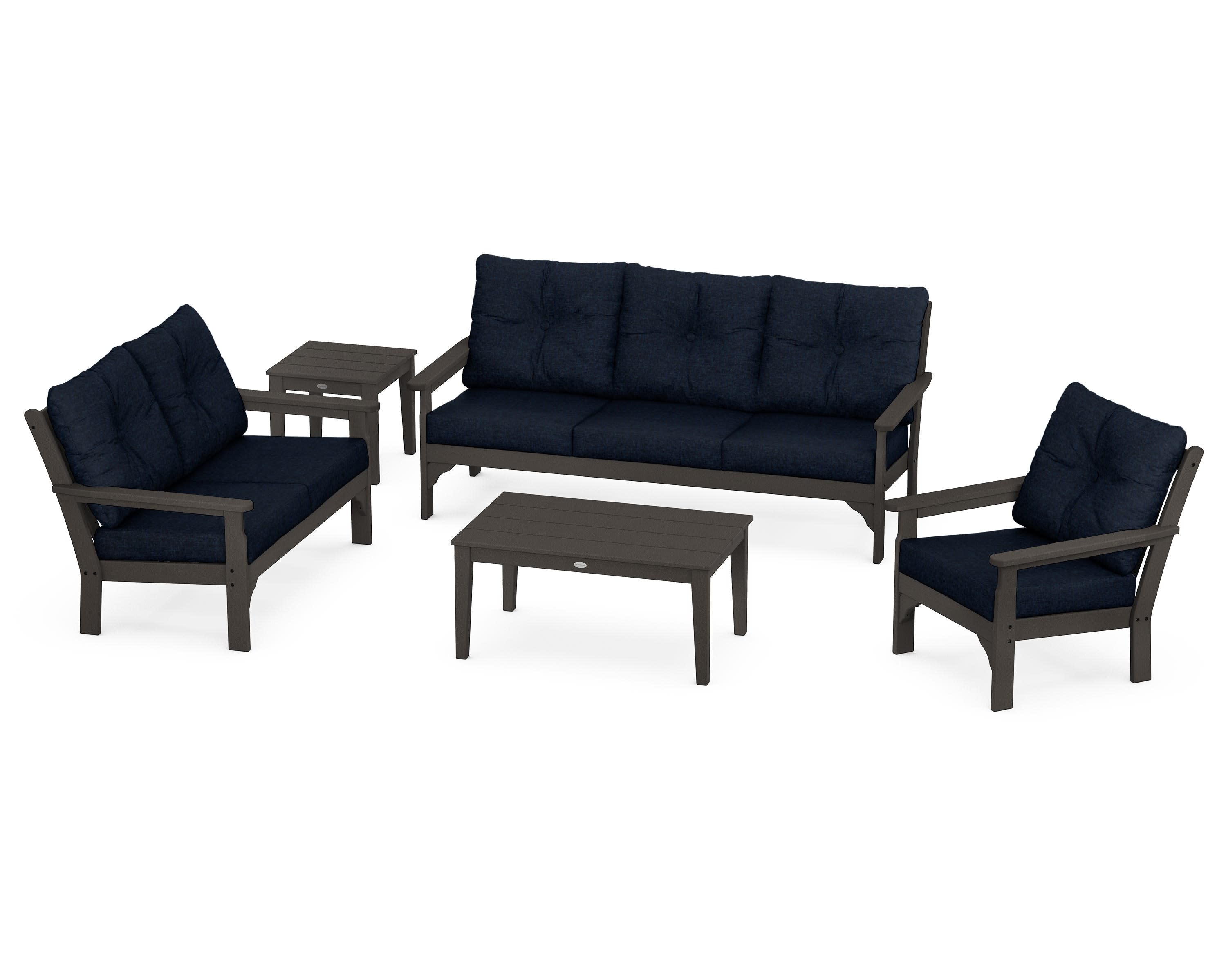 Vineyard 5 Piece Deep Seating Set in Vintage Coffee / Marine Indigo