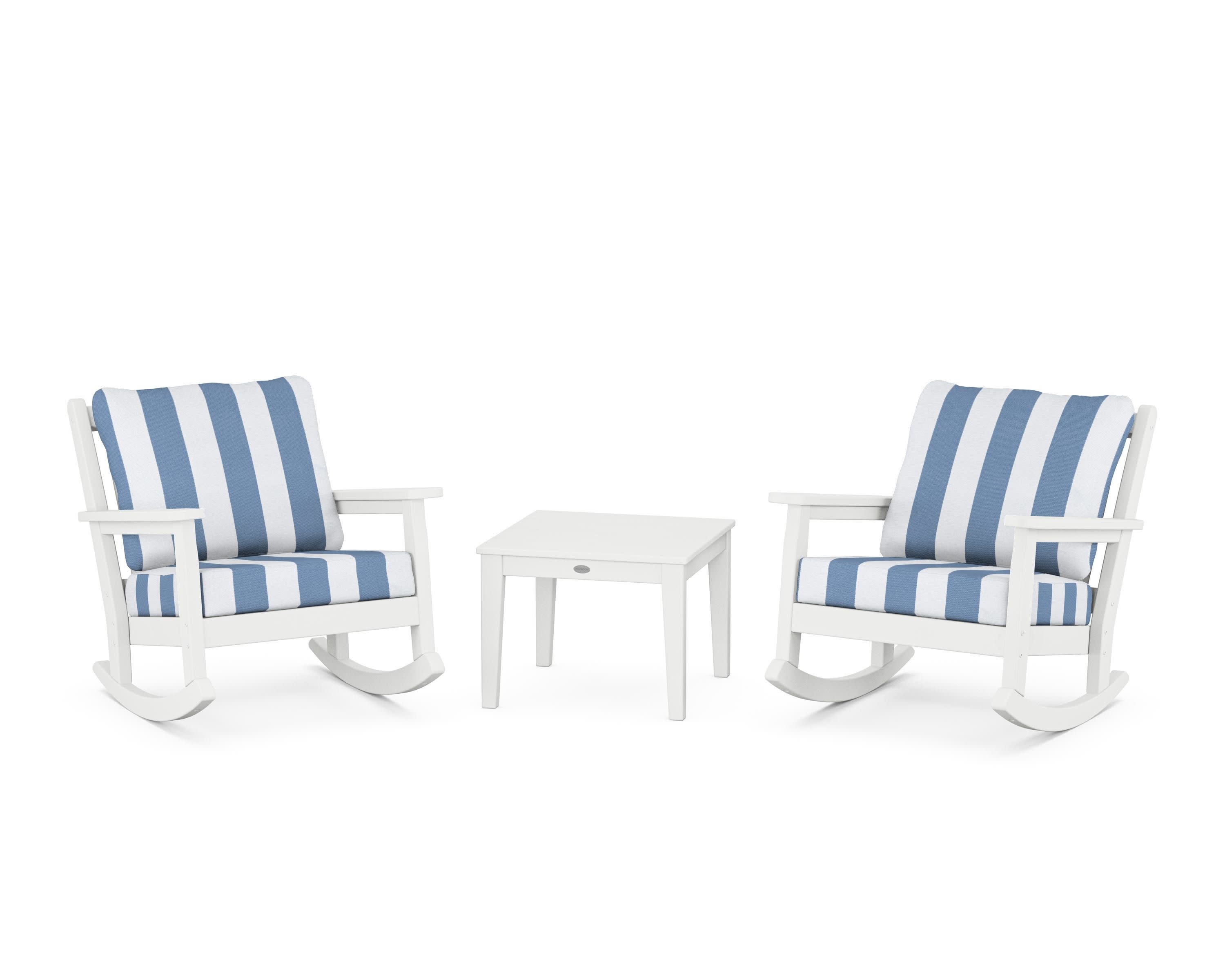 Chippendale 3-Piece Deep Seating Rocker Set in White / Cabana Stripe Sky Blue