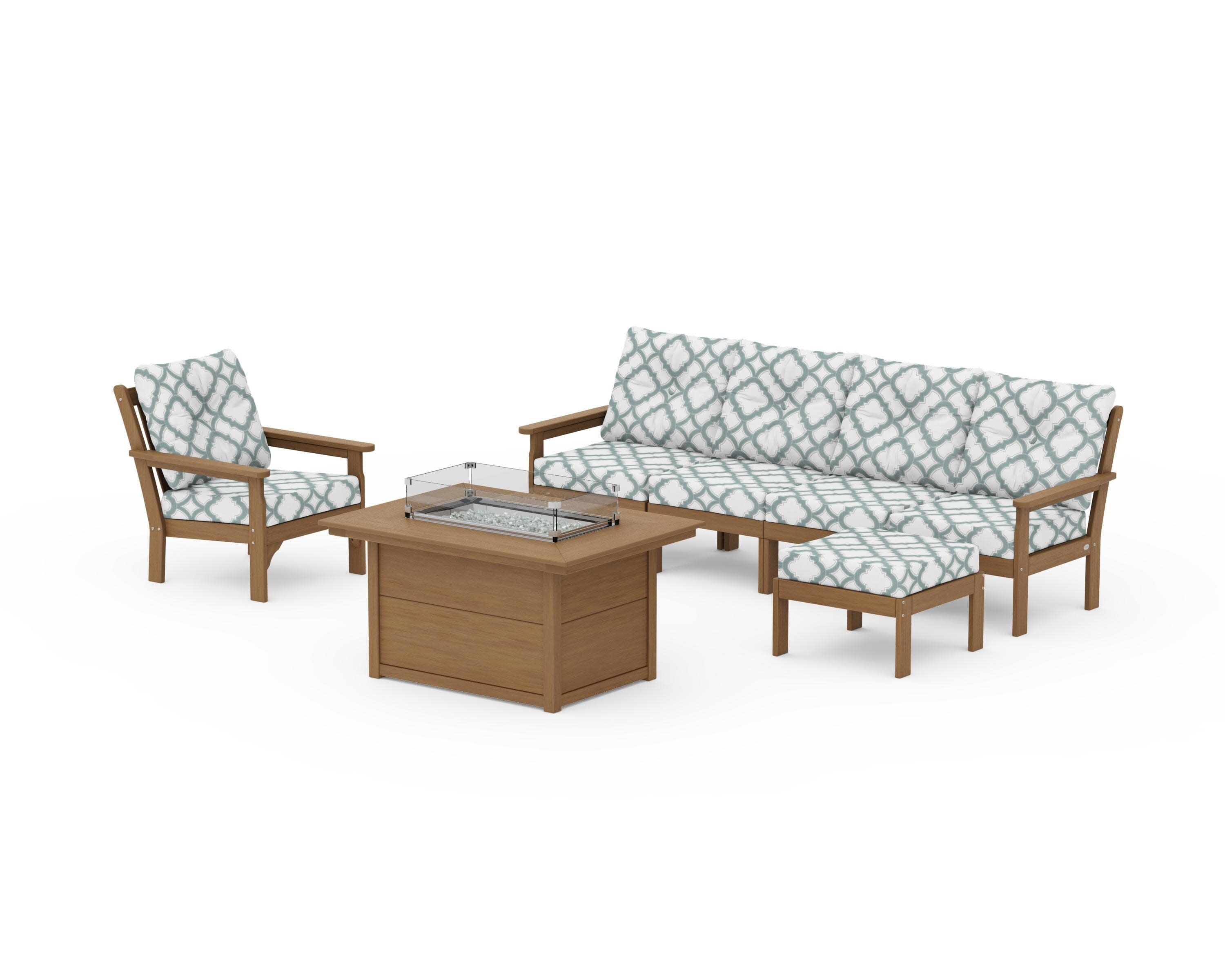 Vineyard Sectional Lounge and Fire Pit Set in Natural / Trellis Glacier Spa