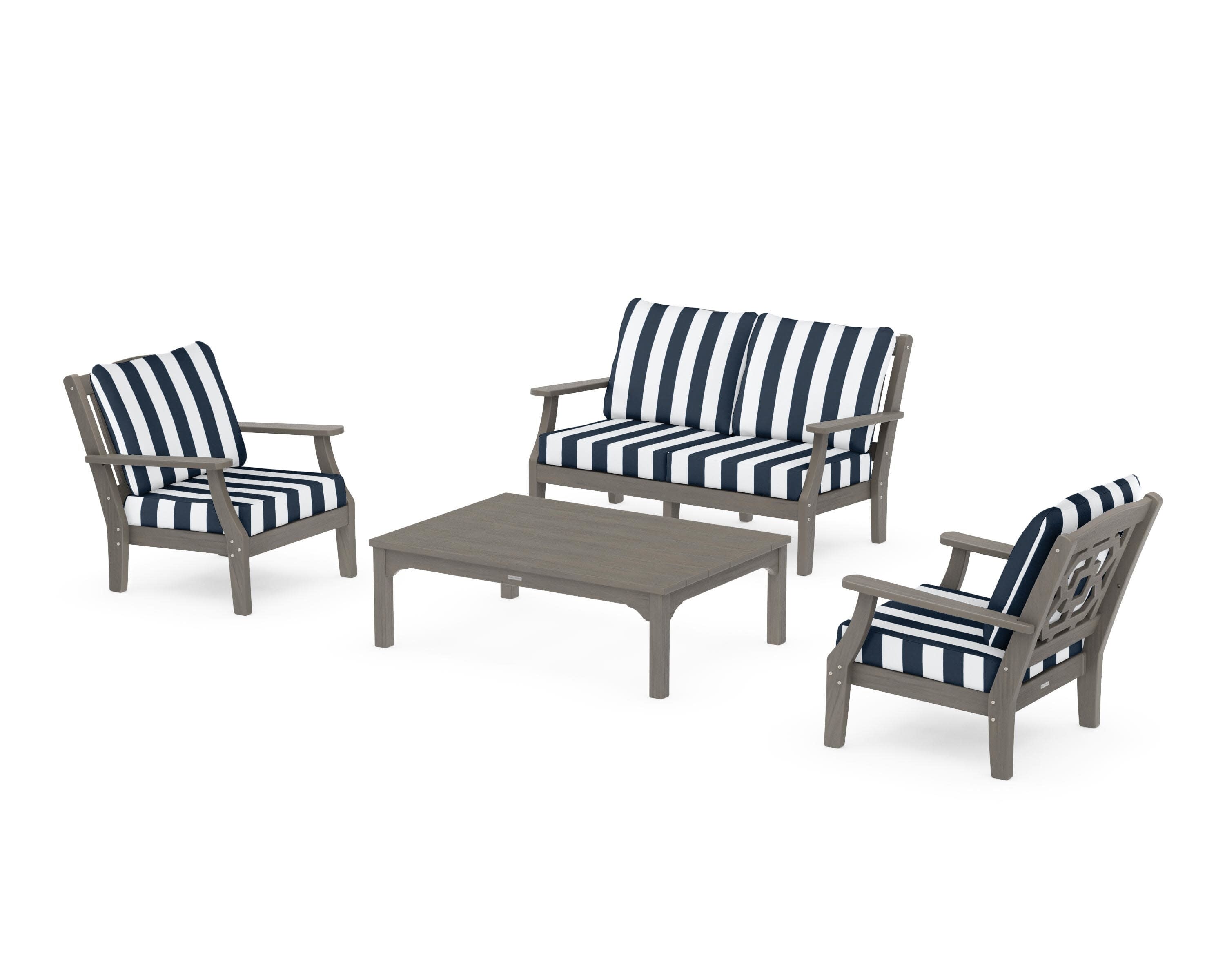 Chinoiserie 4-Piece Deep Seating Set with Loveseat in Driftwood / Cabana Stripe Marine Indigo
