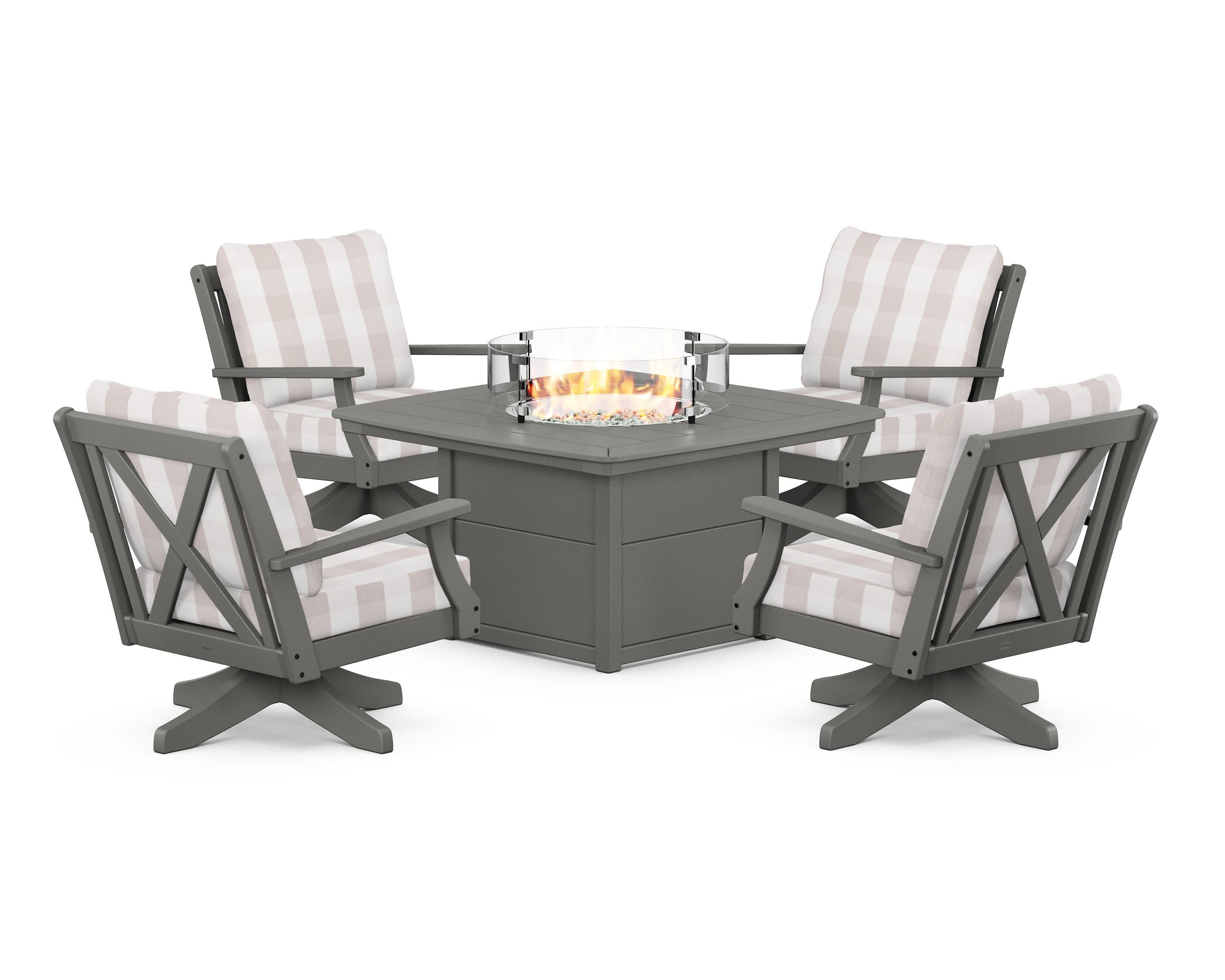 Braxton 5-Piece Deep Seating Swivel Conversation Set with Fire Pit Table in Slate Grey / Buffalo Plaid Dune Burlap