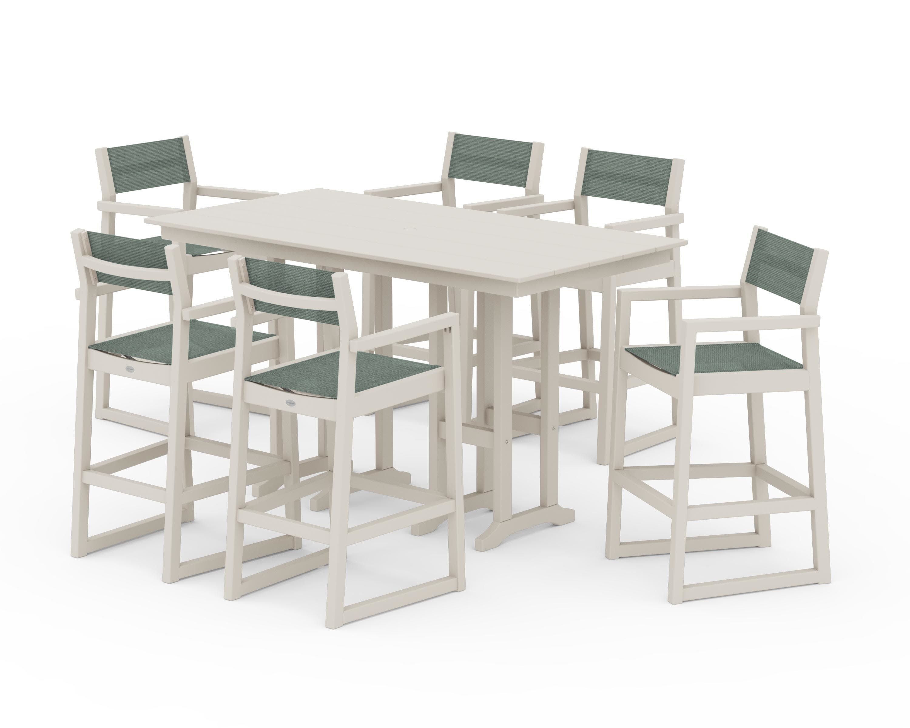 EDGE Sling Arm Chair 7-Piece Farmhouse Bar Set in Sand / Dupioni Sea Mist Sling