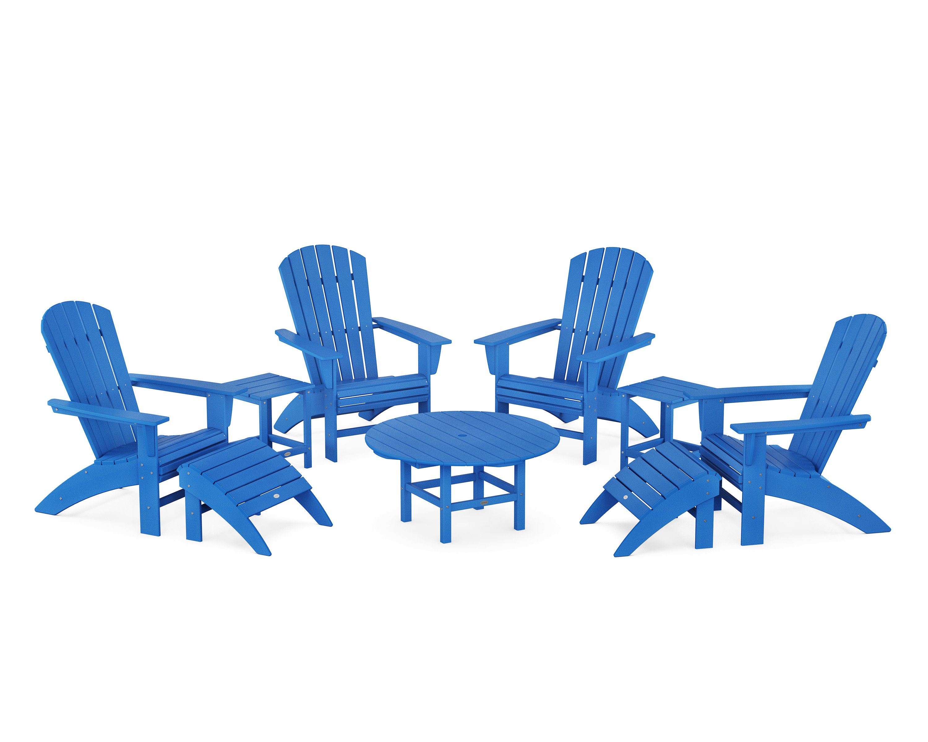 Nautical Curveback Adirondack Chair 9-Piece Conversation Set in Pacific Blue