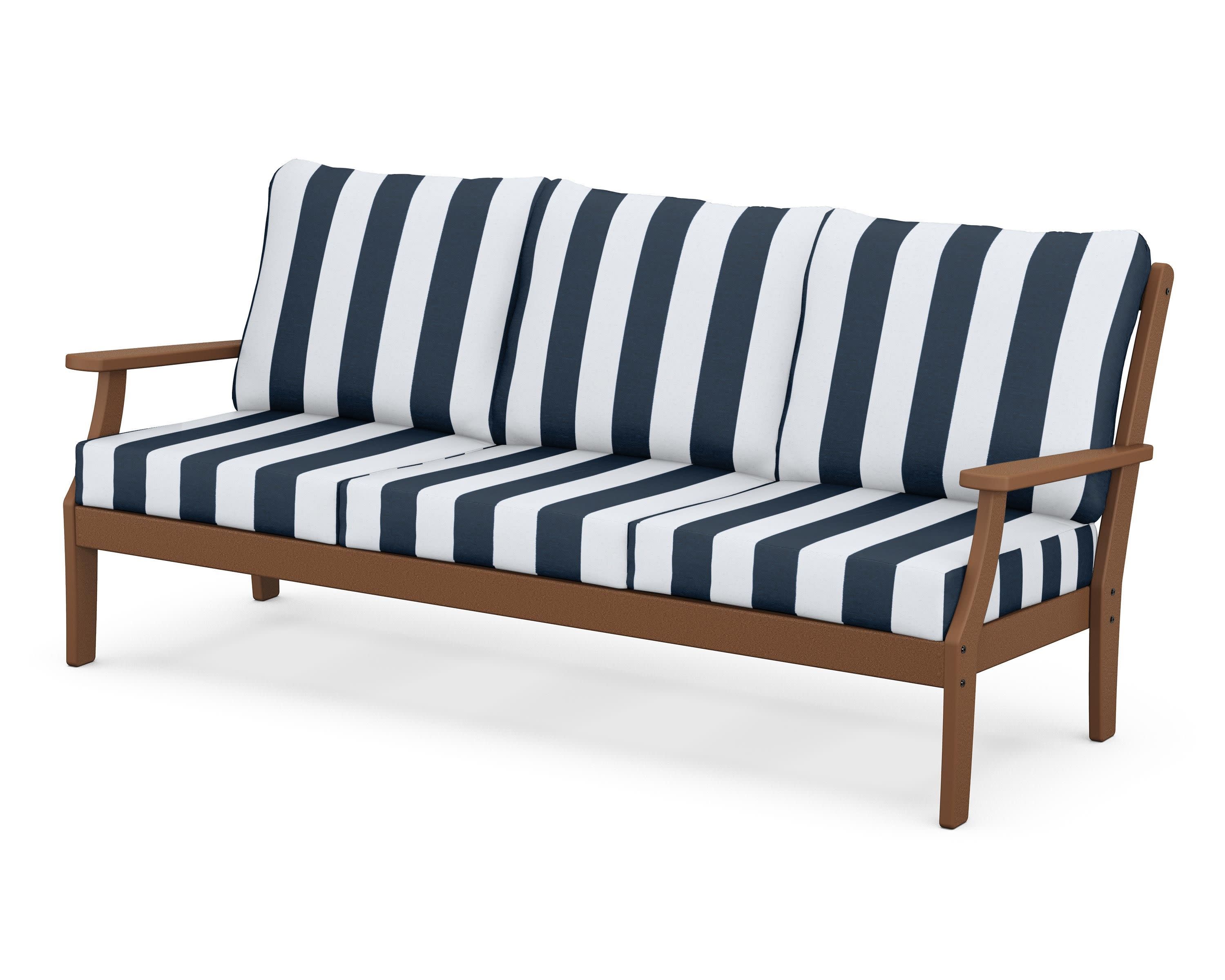 Braxton Deep Seating Sofa in Teak / Cabana Stripe Marine Indigo
