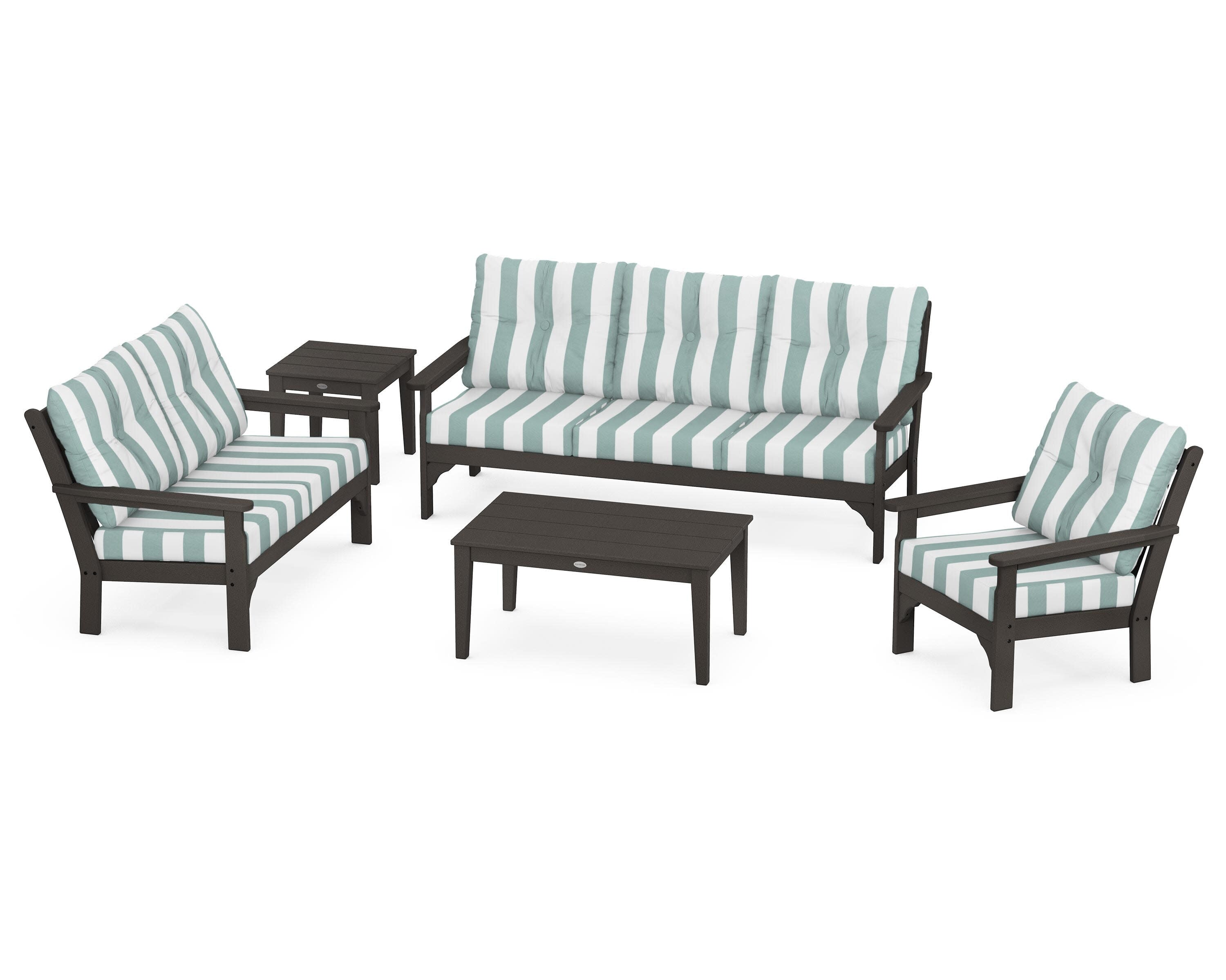 Vineyard 5 Piece Deep Seating Set in Vintage Coffee / Cabana Stripe Glacier Spa