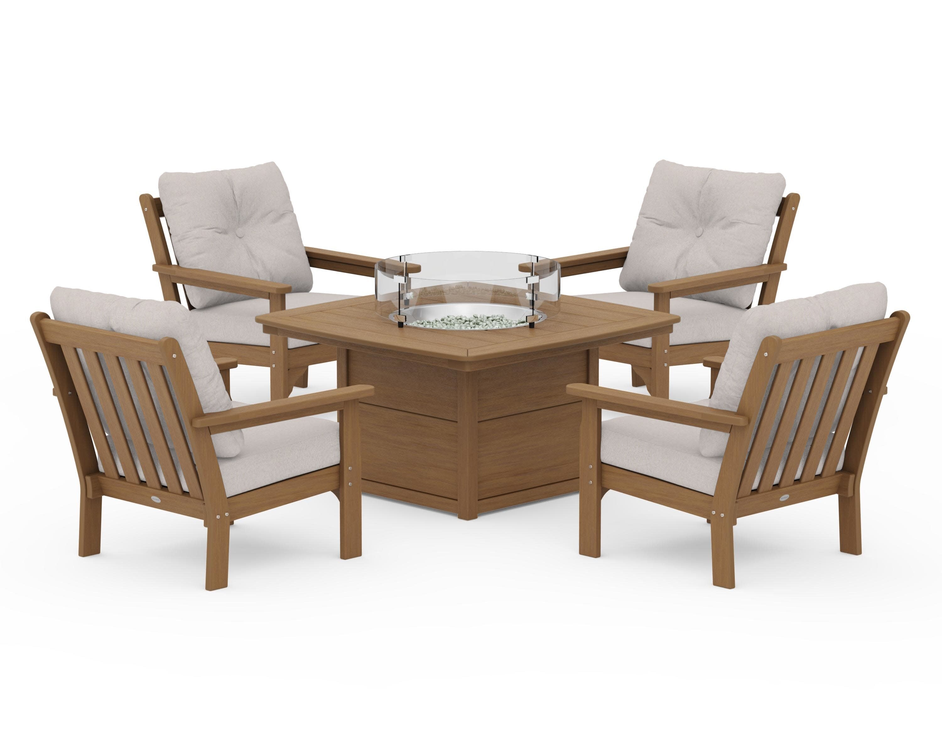 Vineyard 5-Piece Conversation Set with Fire Pit Table in Natural / Dune Burlap