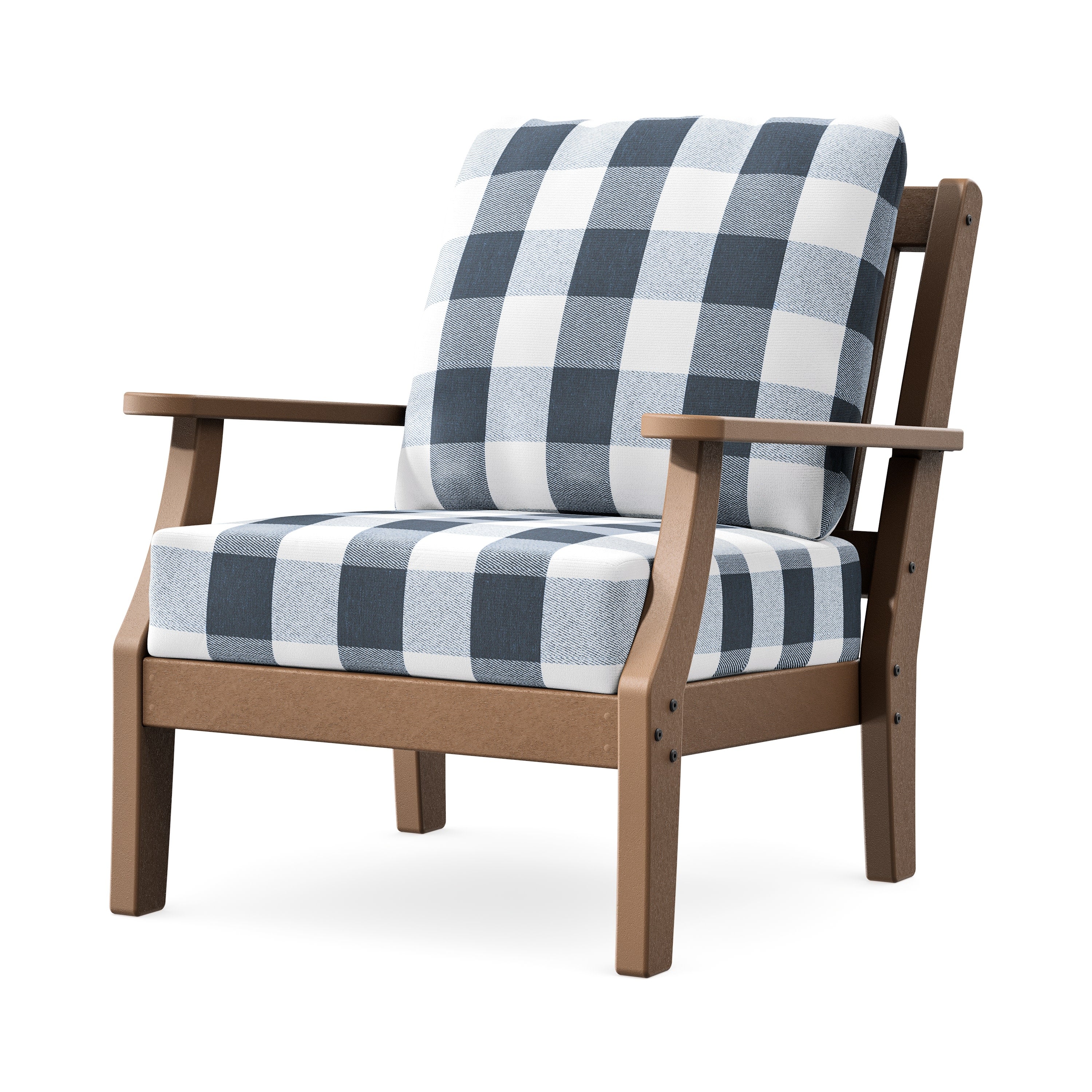 Chinoiserie Deep Seating Chair in Teak / Buffalo Plaid Marine Indigo