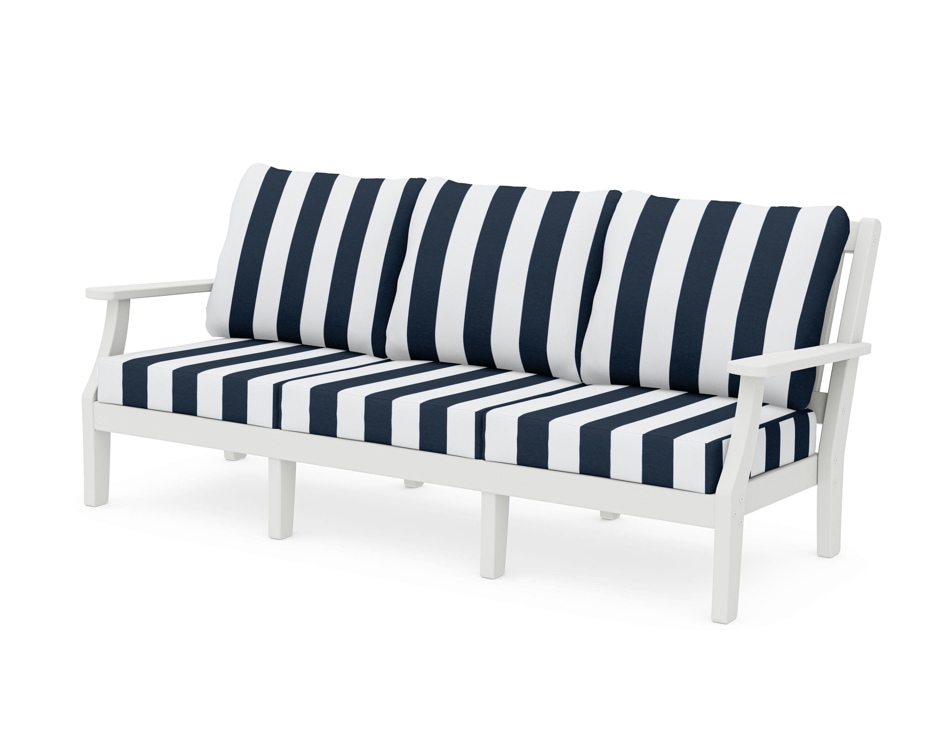 Chinoiserie Deep Seating Sofa in Vintage White / Cabana Stripe Marine Indigo