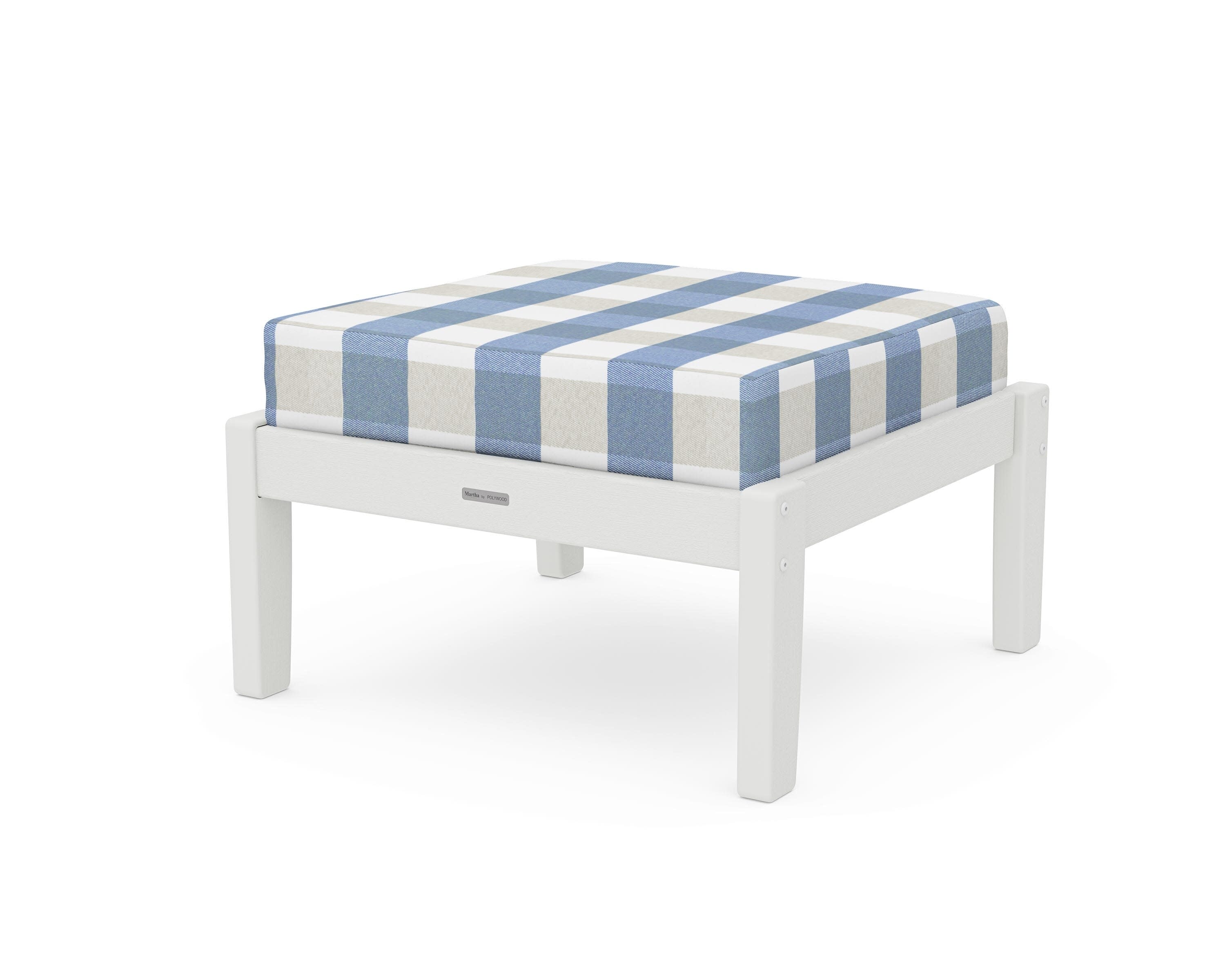 Chinoiserie Deep Seating Ottoman in Vintage White / Buffalo Plaid Sky Blue