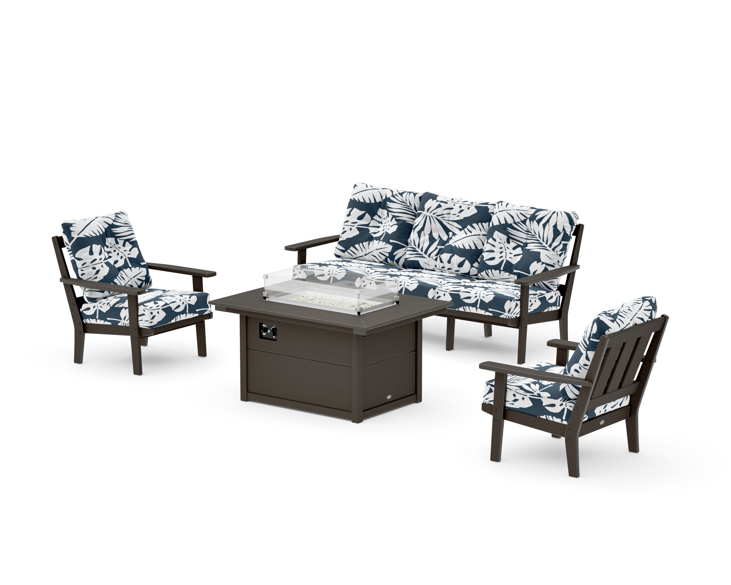 Oxford Deep Seating Fire Pit Table Set in Vintage Coffee / Leaf Marine Indigo