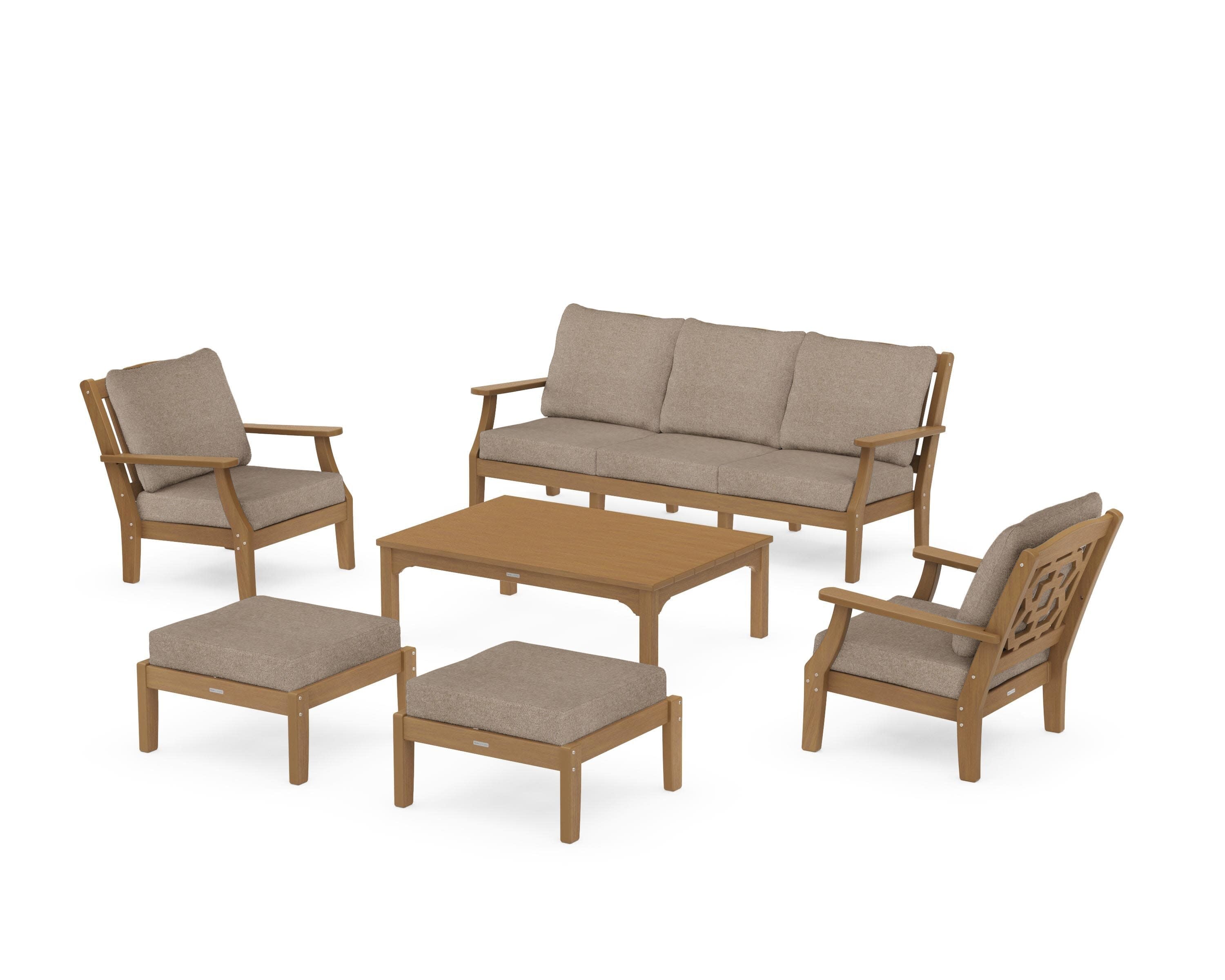 Chinoiserie 6-Piece Lounge Sofa Set in Natural / Spiced Burlap
