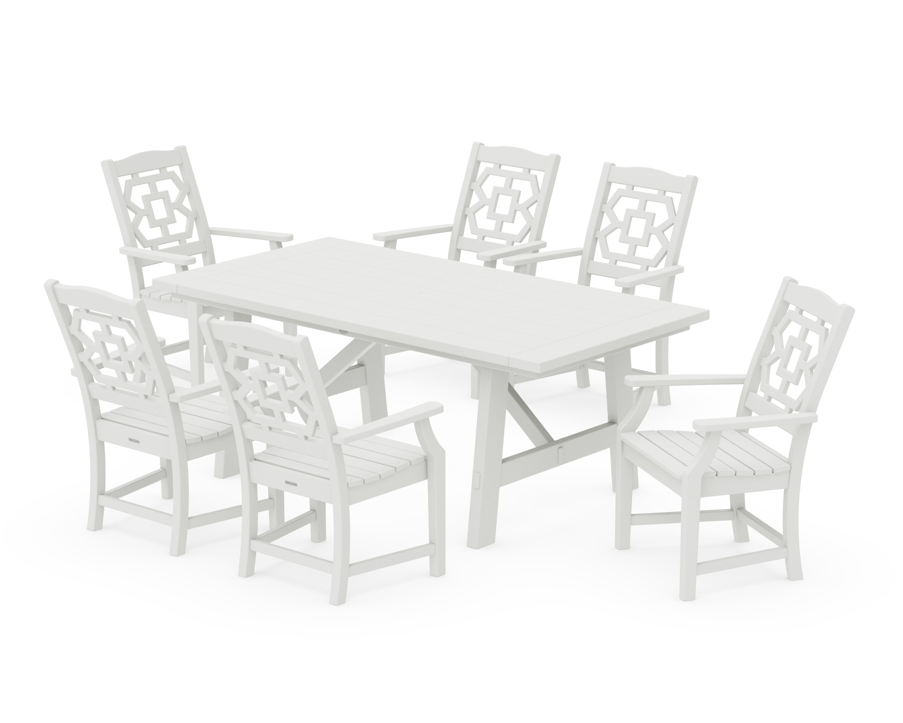 Chinoiserie Arm Chair 7-Piece Rustic Farmhouse Dining Set in Vintage White
