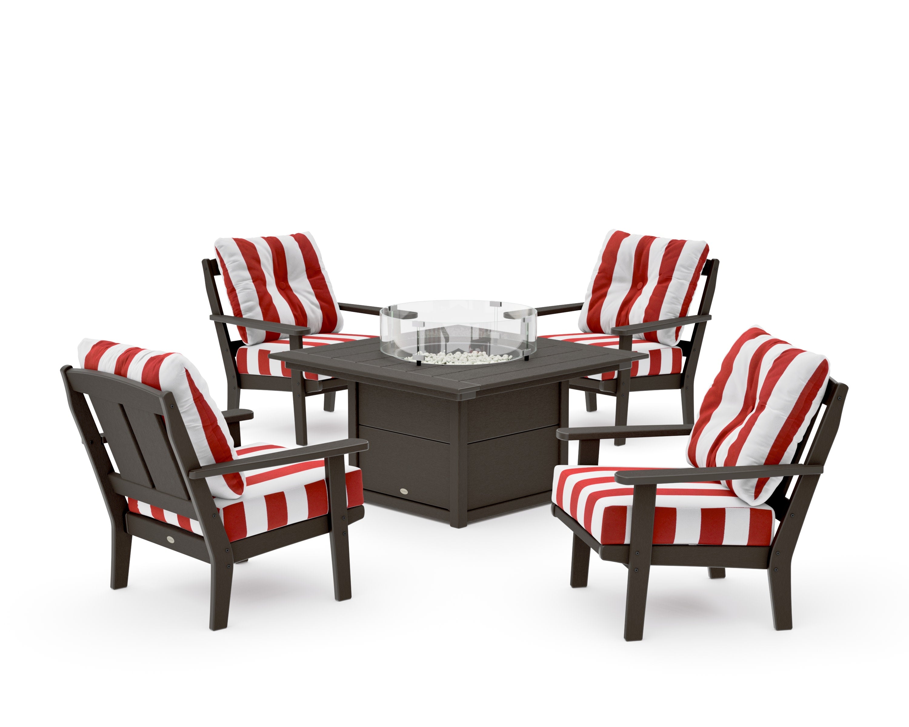 Mission 5-Piece Deep Seating Set with Fire Pit Table in Vintage Coffee / Cabana Stripe Crimson