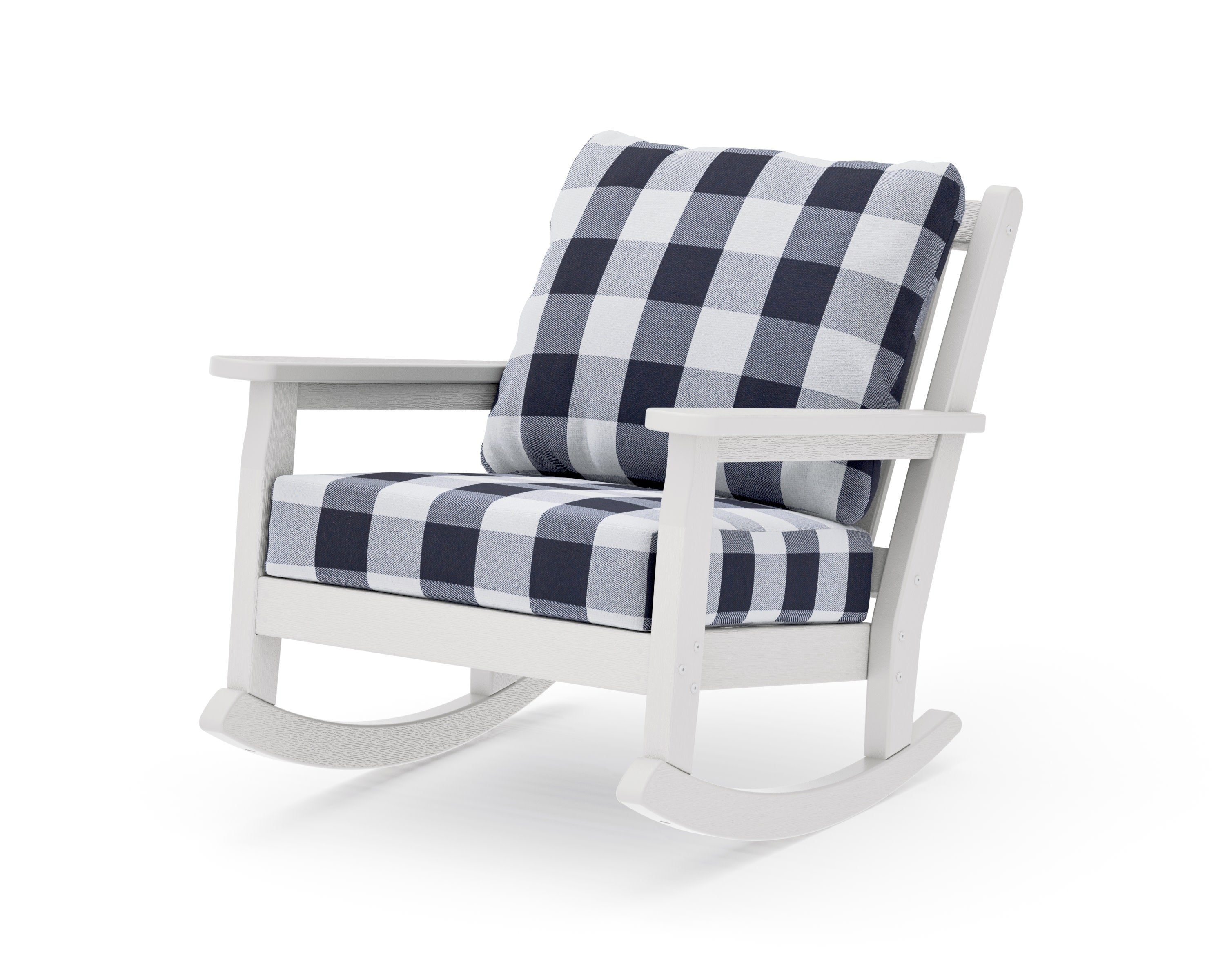 Chippendale Deep Seating Rocking Chair in Vintage White / Buffalo Plaid Navy