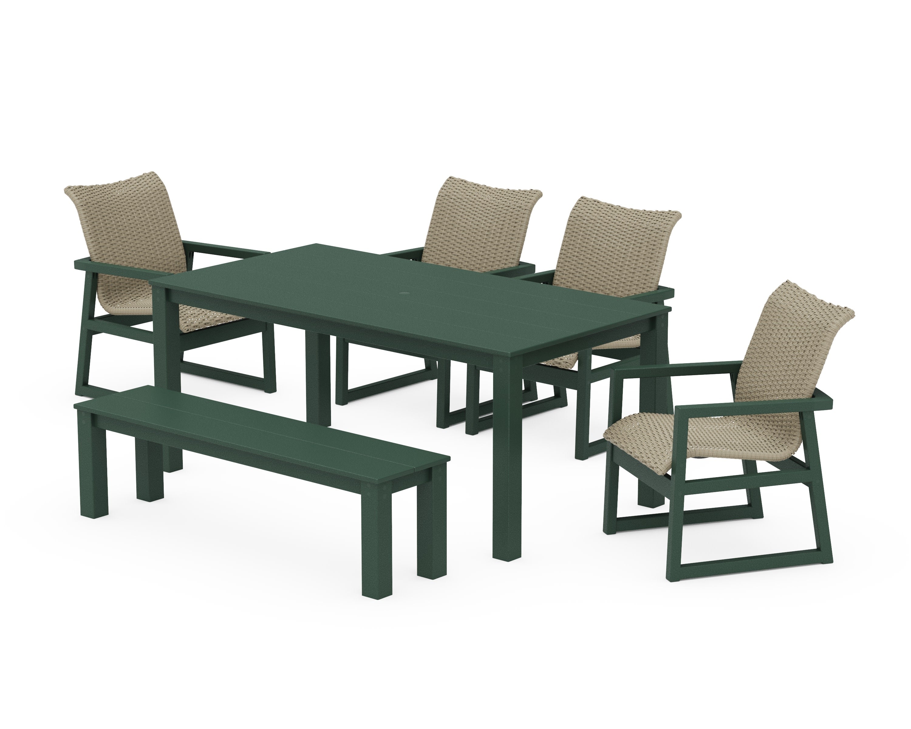 EDGE Woven 6-Piece Parsons Dining Set with Bench in Green / Dune Grass