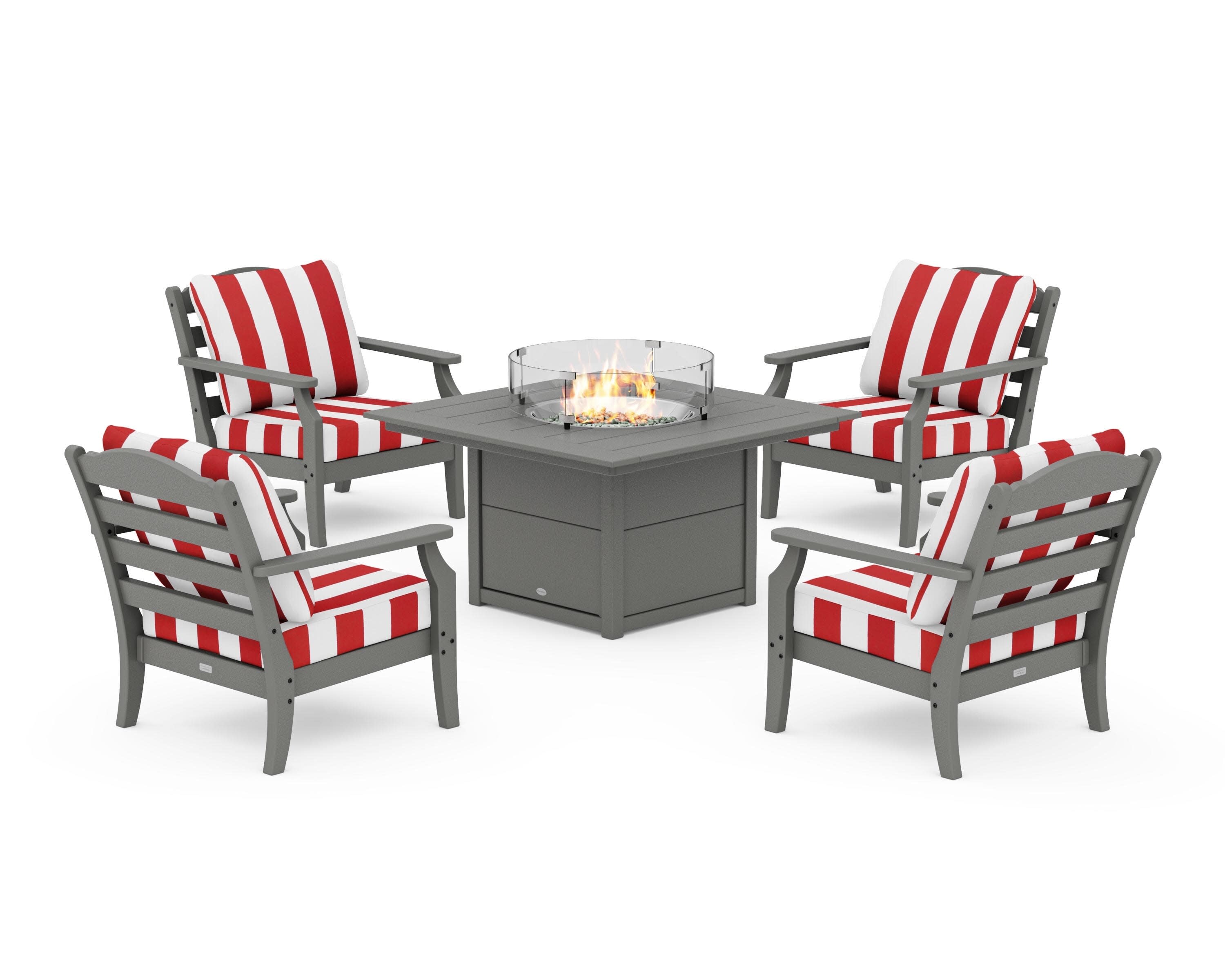 Savannah 5-Piece Deep Seating Set with Fire Pit Table in Slate Grey / Cabana Stripe Crimson