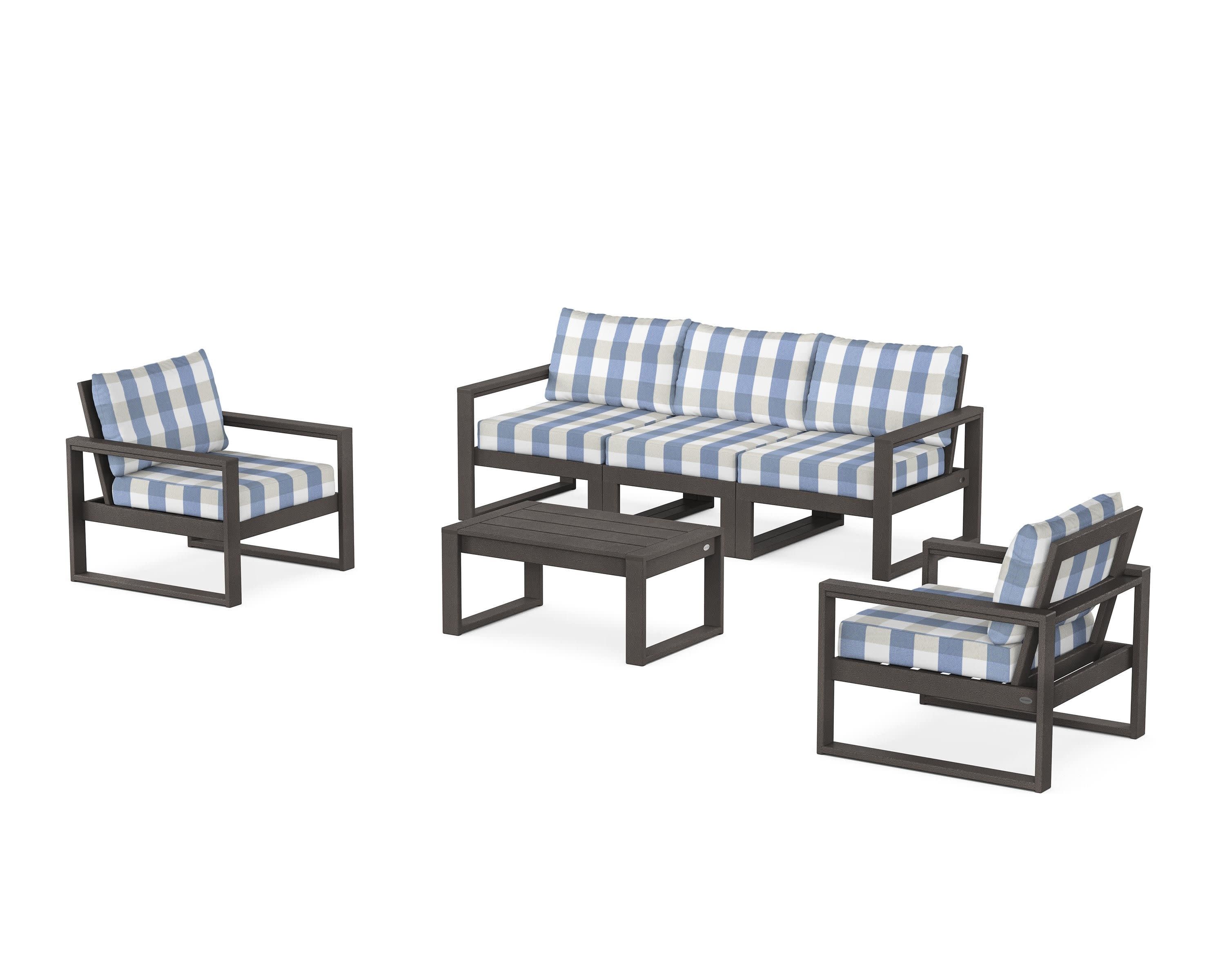 EDGE Sectional 4-Piece Deep Seating Set with Sofa in Vintage Coffee / Buffalo Plaid Sky Blue
