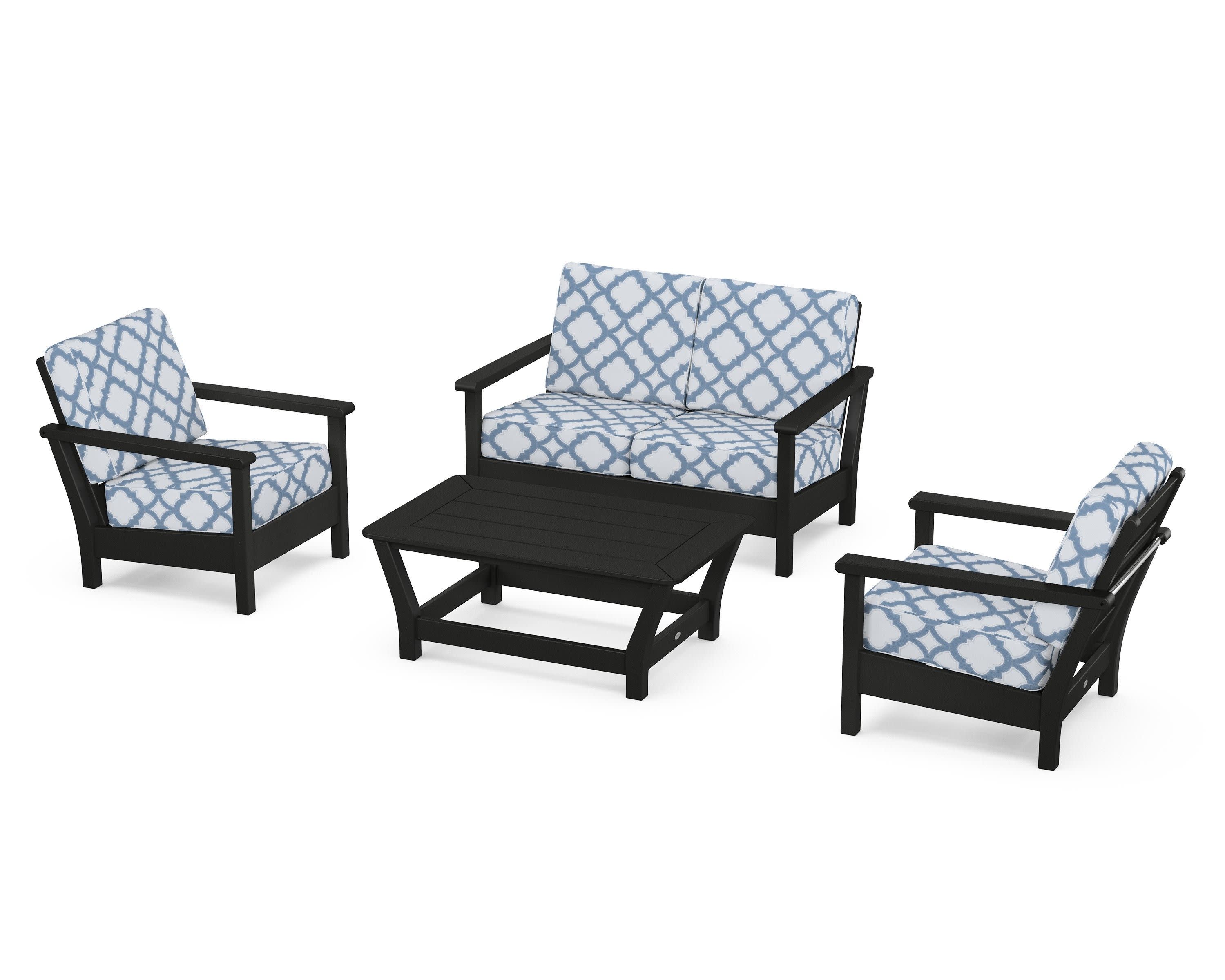 Harbour 4-Piece Deep Seating Set in Black / Trellis Sky Blue