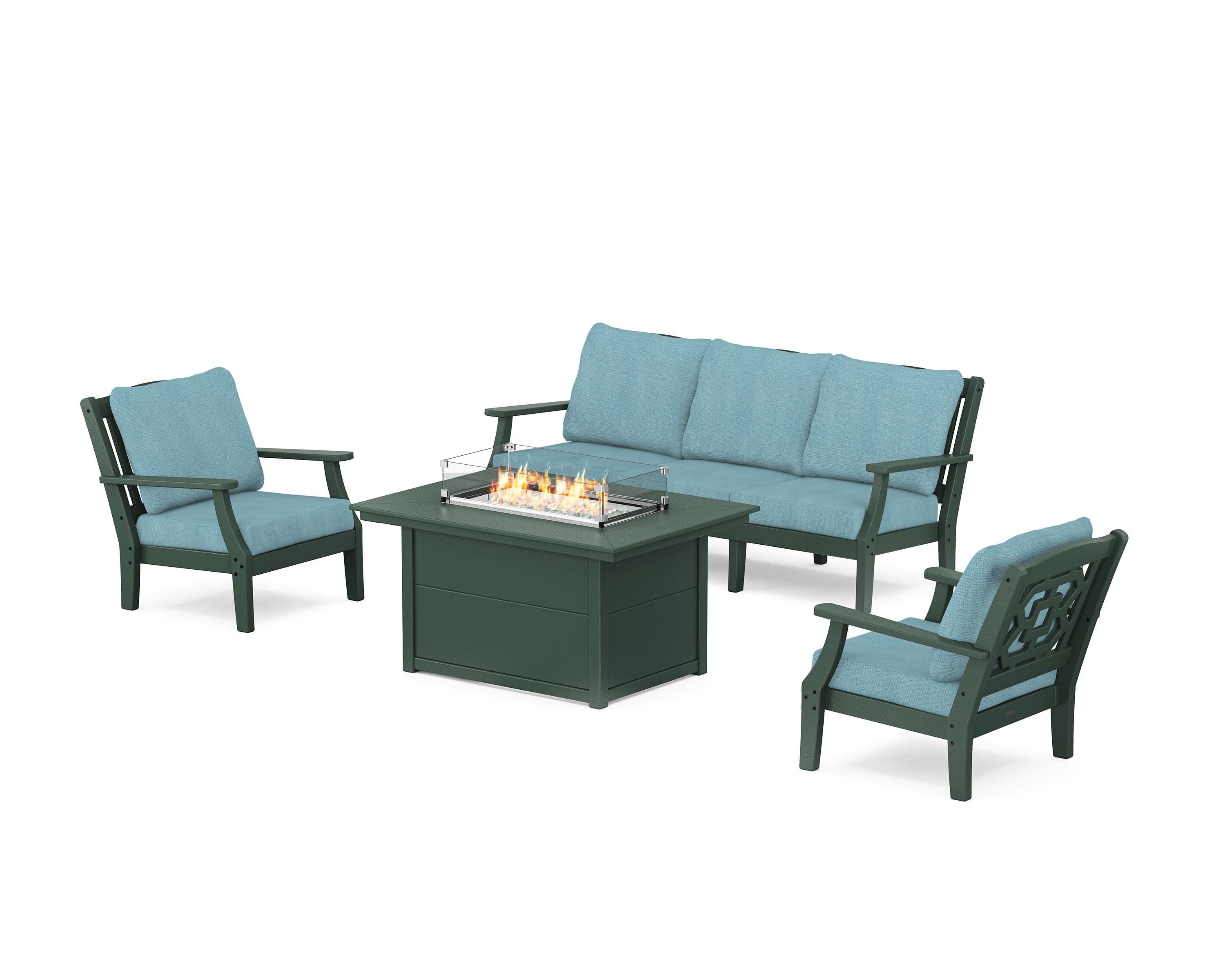 Chinoiserie Deep Seating Fire Pit Table Set in Green / Lattice Sky Blue
