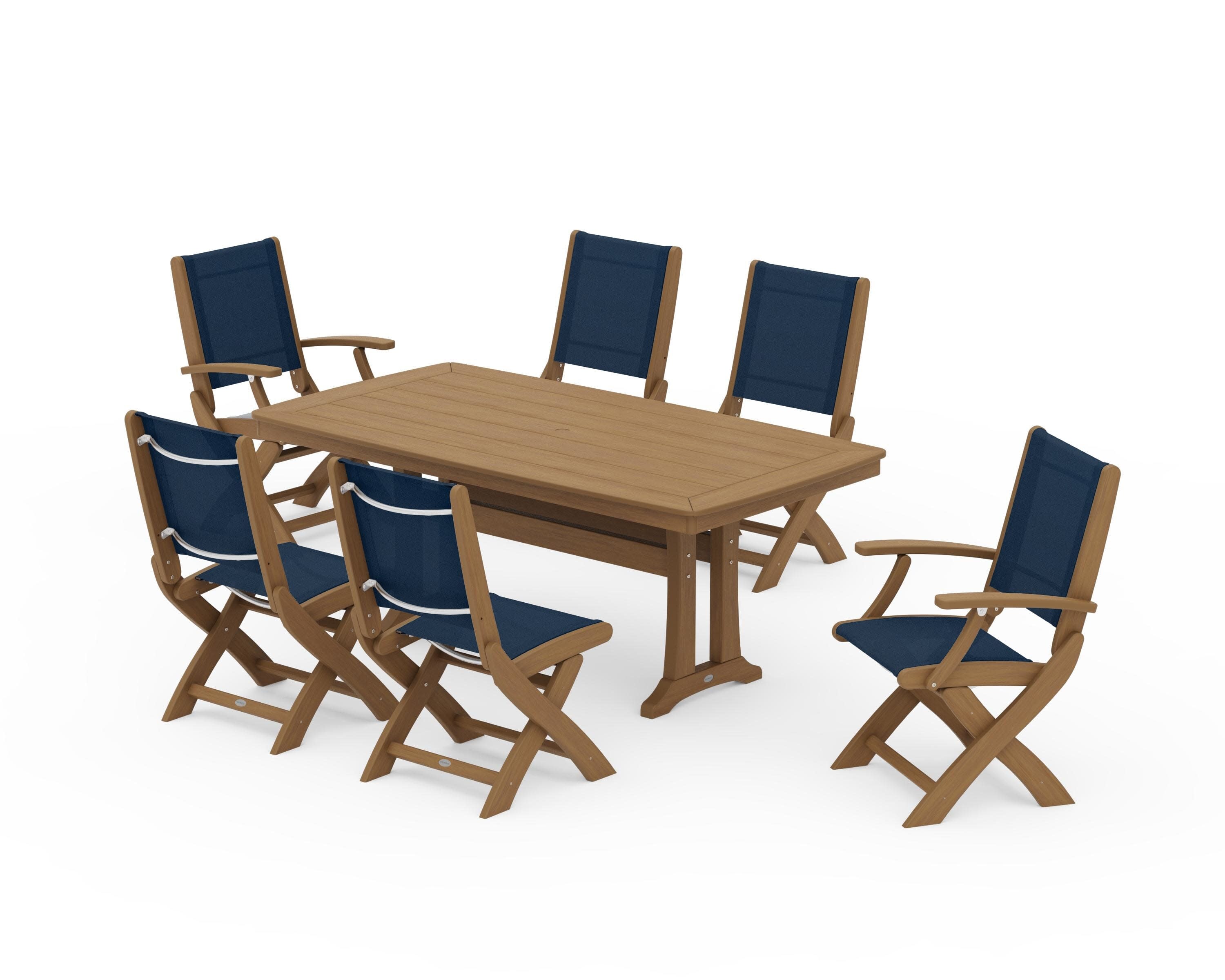 Coastal Folding Chair 7-Piece Dining Set with Trestle Legs in Natural / Navy Blue Sling