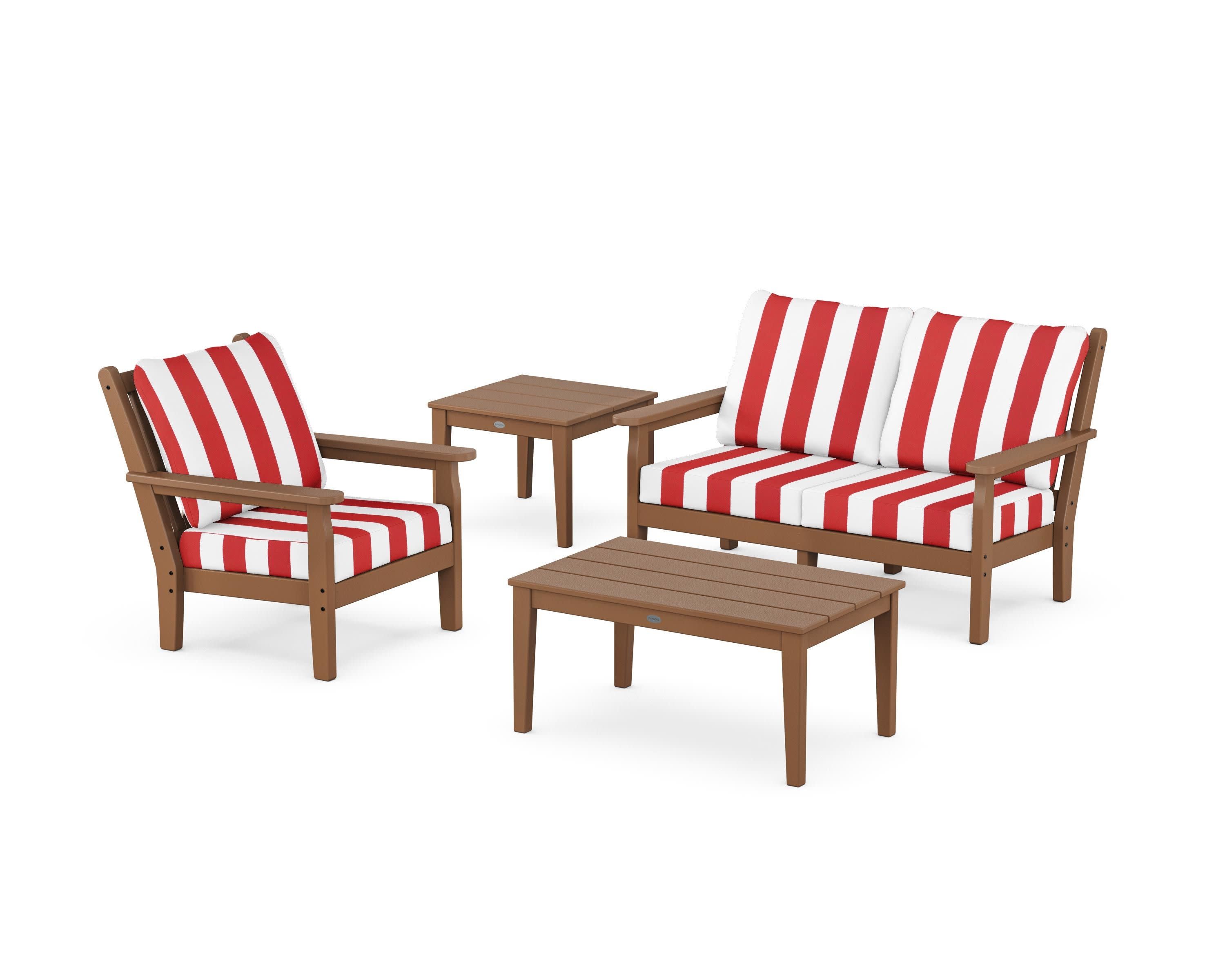 Chippendale 4-Piece Deep Seating Set in Teak / Cabana Stripe Crimson
