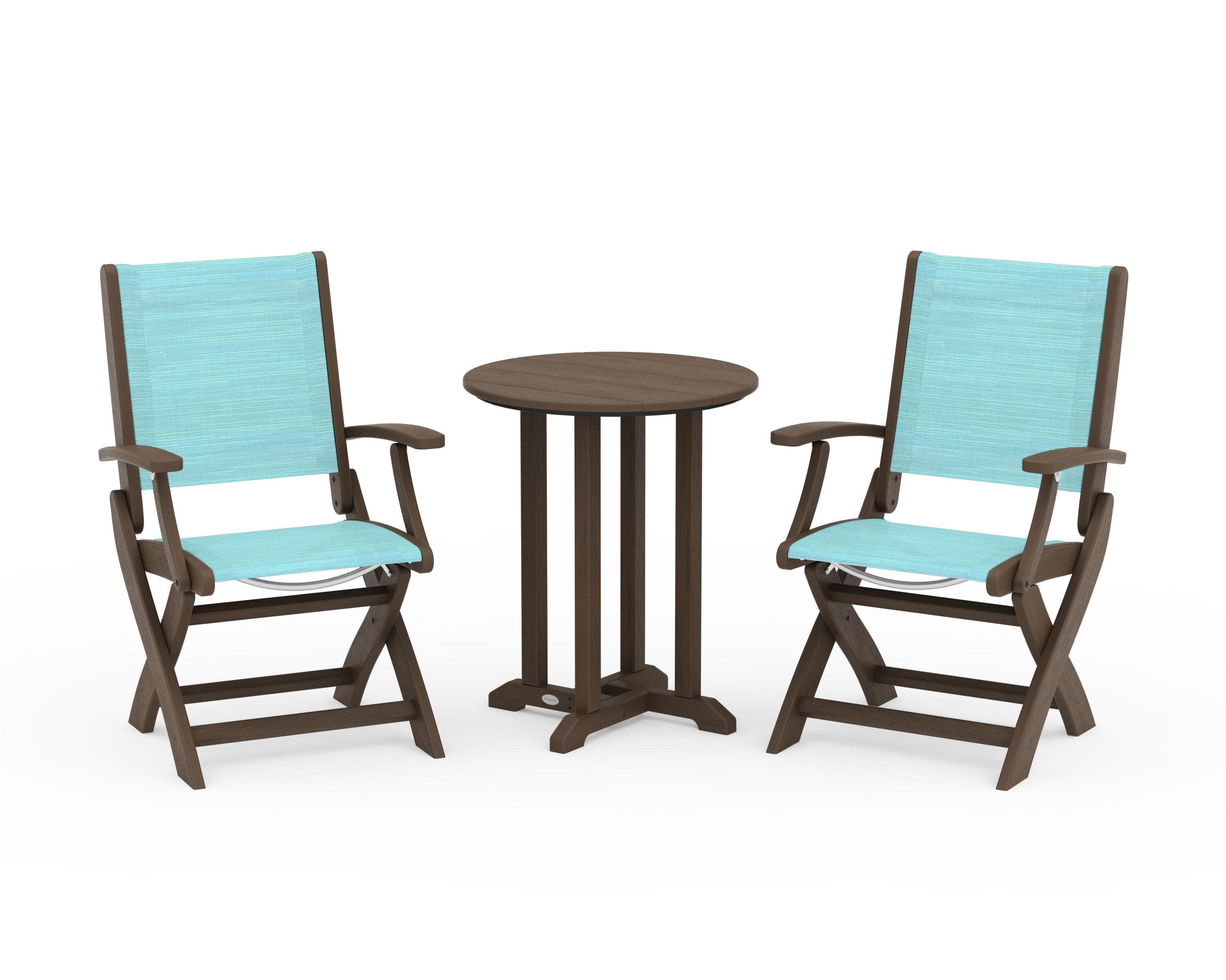 Coastal Folding 3-Piece Round Bistro Dining Set in Kona / Dupioni Aquamarine Sling