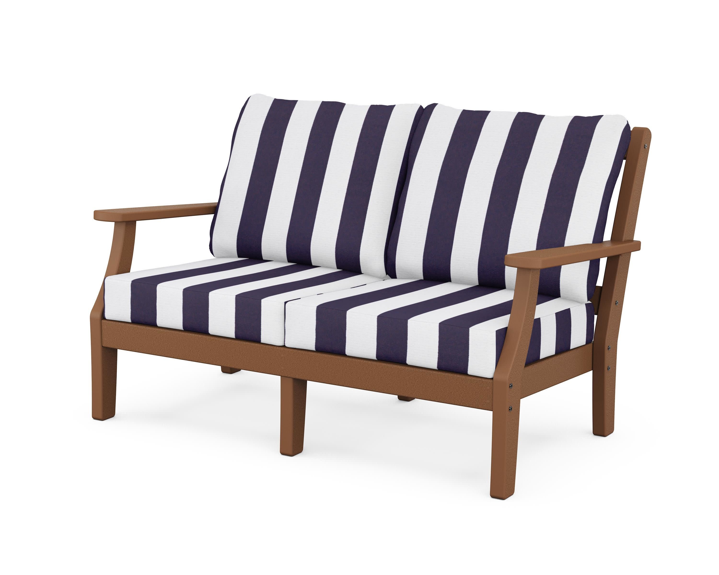 Chinoiserie Deep Seating Loveseat in Teak / Cabana Stripe Navy