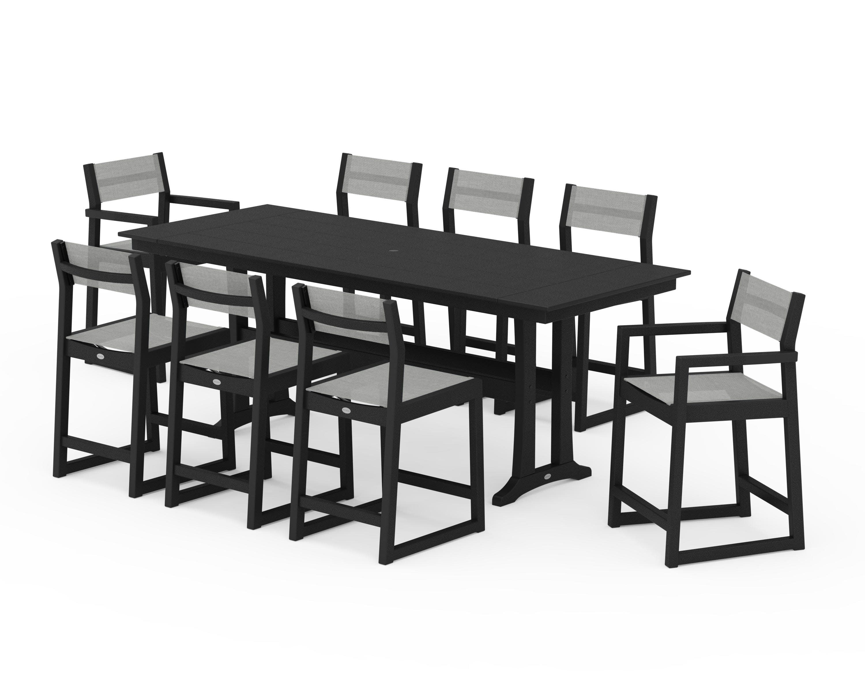 EDGE Sling 9-Piece Farmhouse Counter Set with Trestle Legs in Black / Metallic Sling
