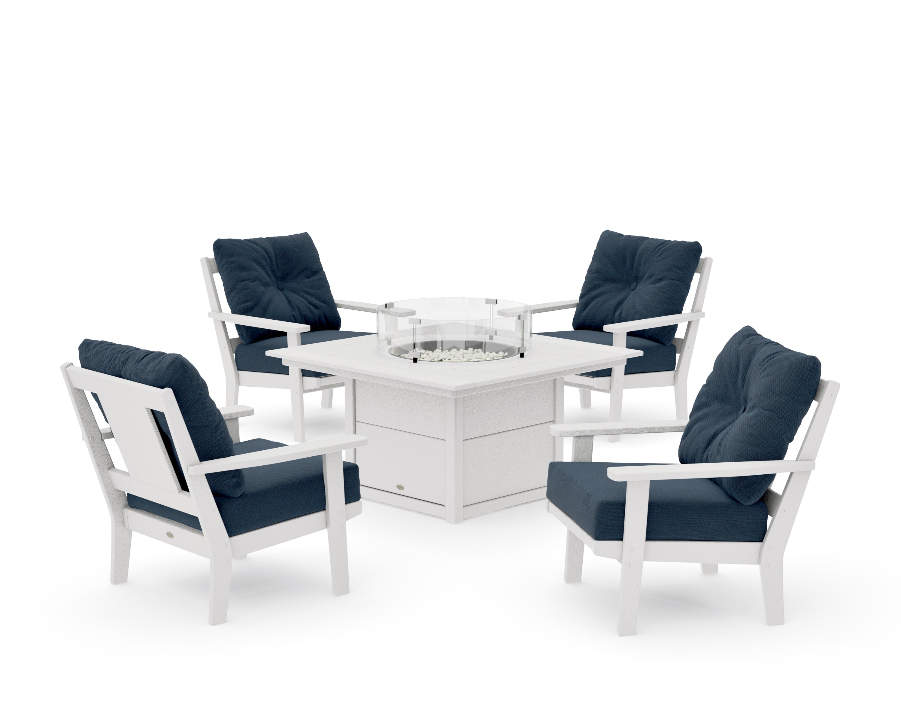 Prairie 5-Piece Deep Seating Set with Fire Pit Table in Vintage White / Marine Indigo