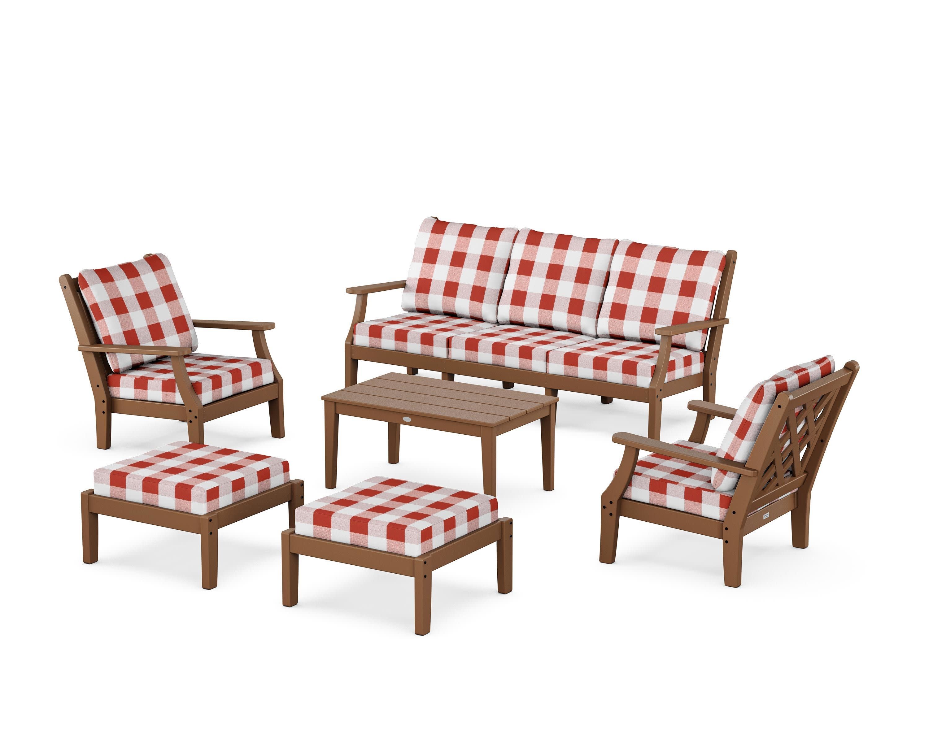 Wovendale 6-Piece Lounge Sofa Set in Teak / Buffalo Plaid Crimson