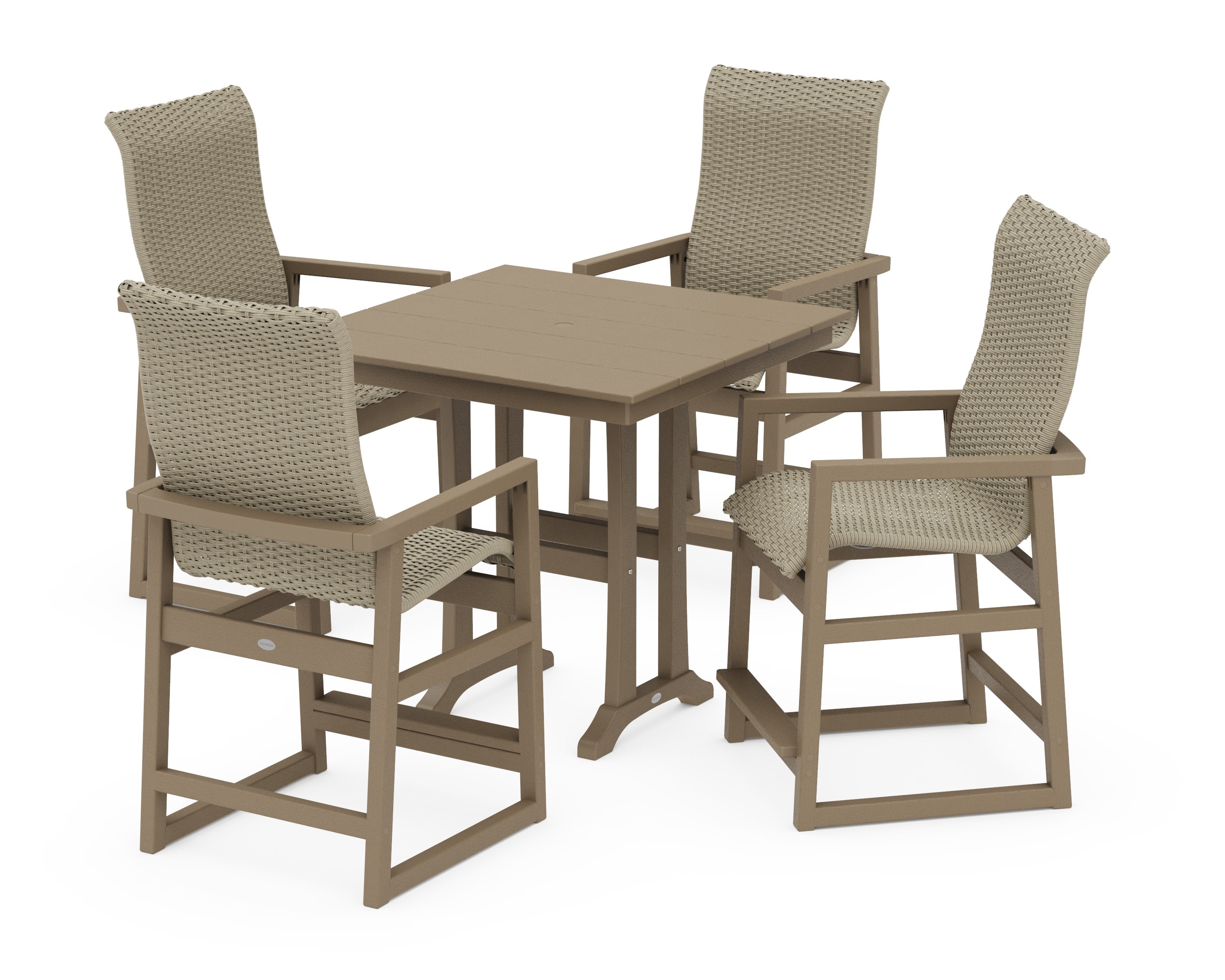 EDGE Woven Highback 5-Piece Farmhouse Counter Set with Trestle Legs in Vintage Sahara / Dune Grass