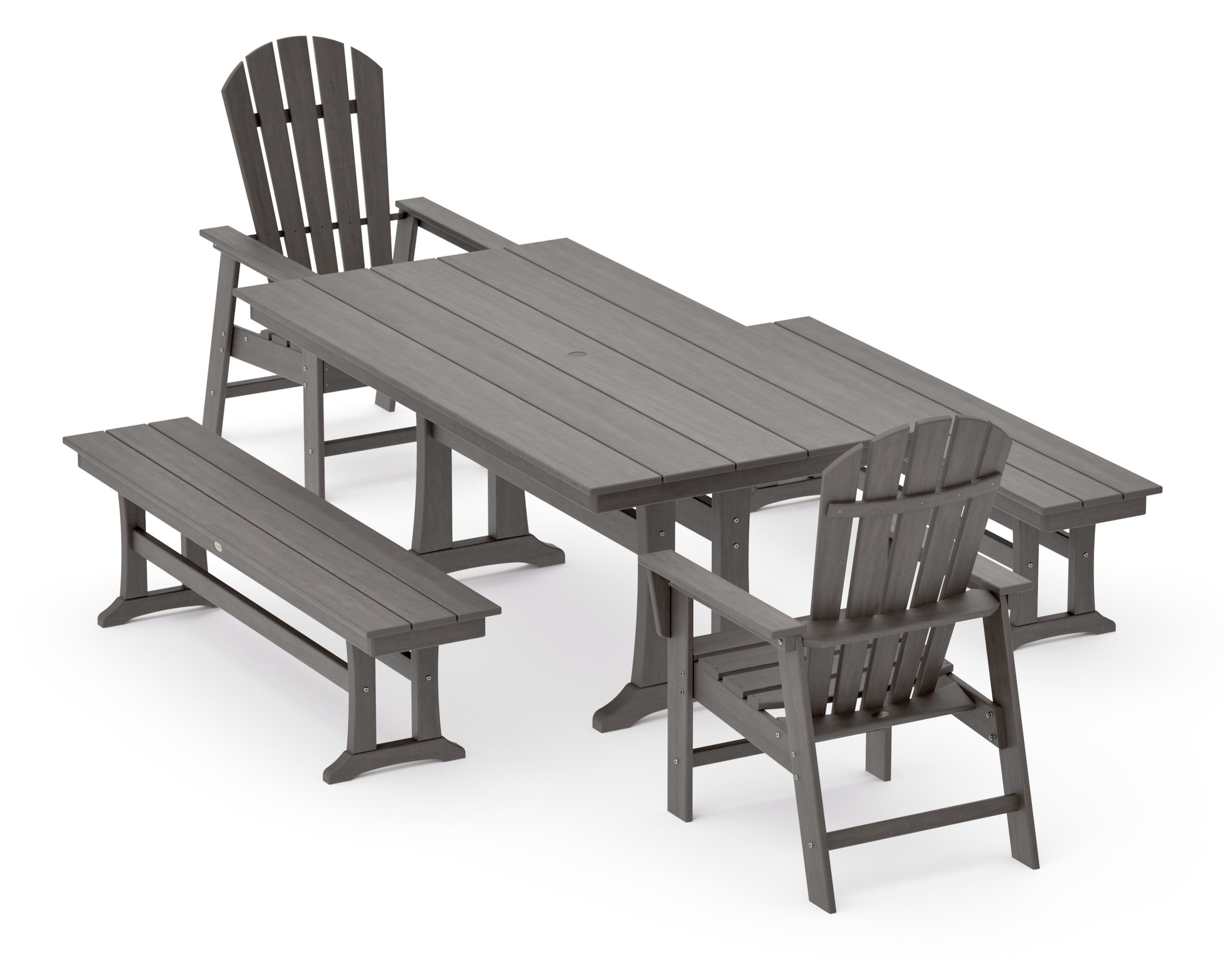 South Beach 5-Piece Farmhouse Dining Set With Trestle Legs in Driftwood