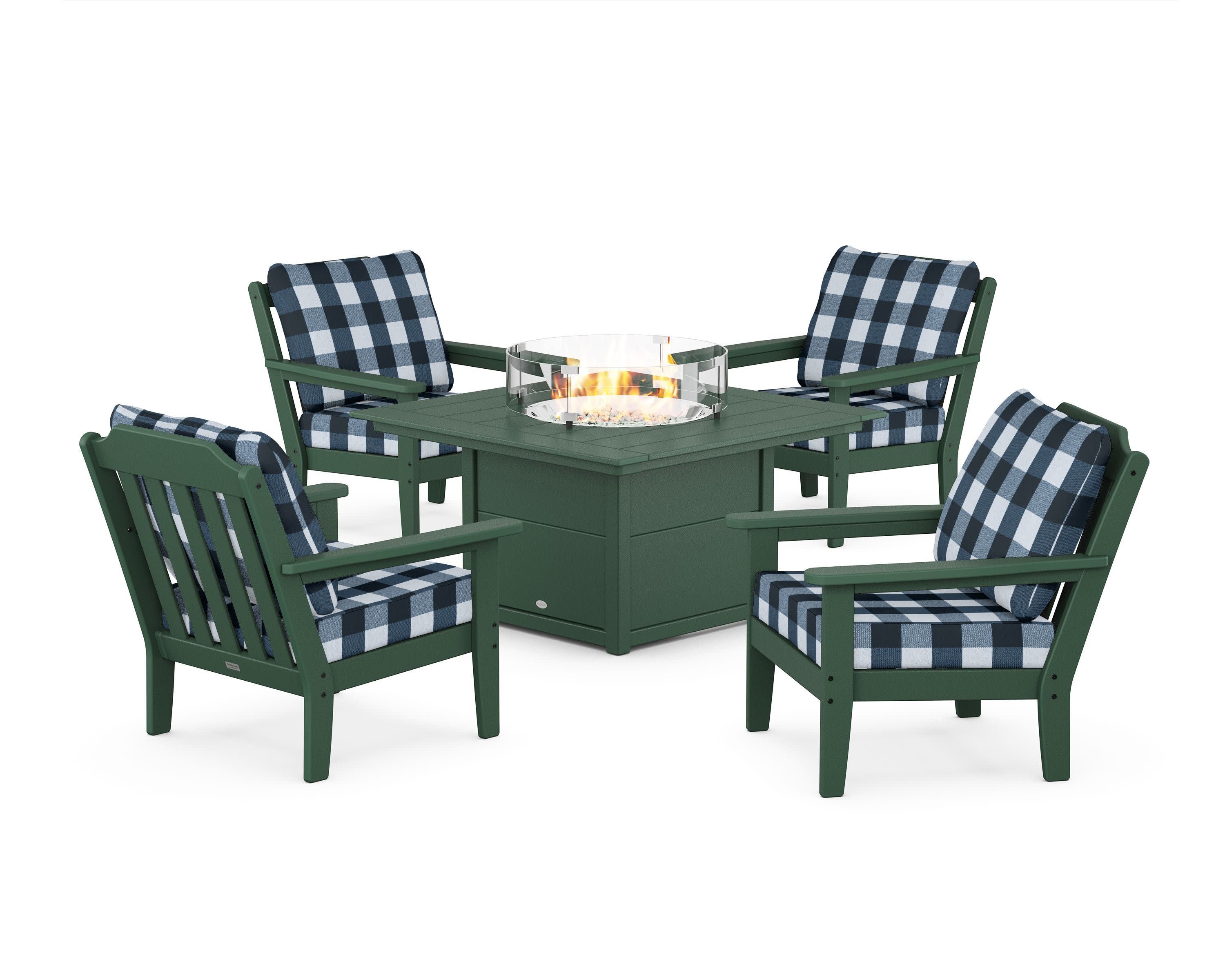 Cottage 5-Piece Deep Seating Set with Fire Pit Table in Green / Buffalo Plaid Marine Indigo