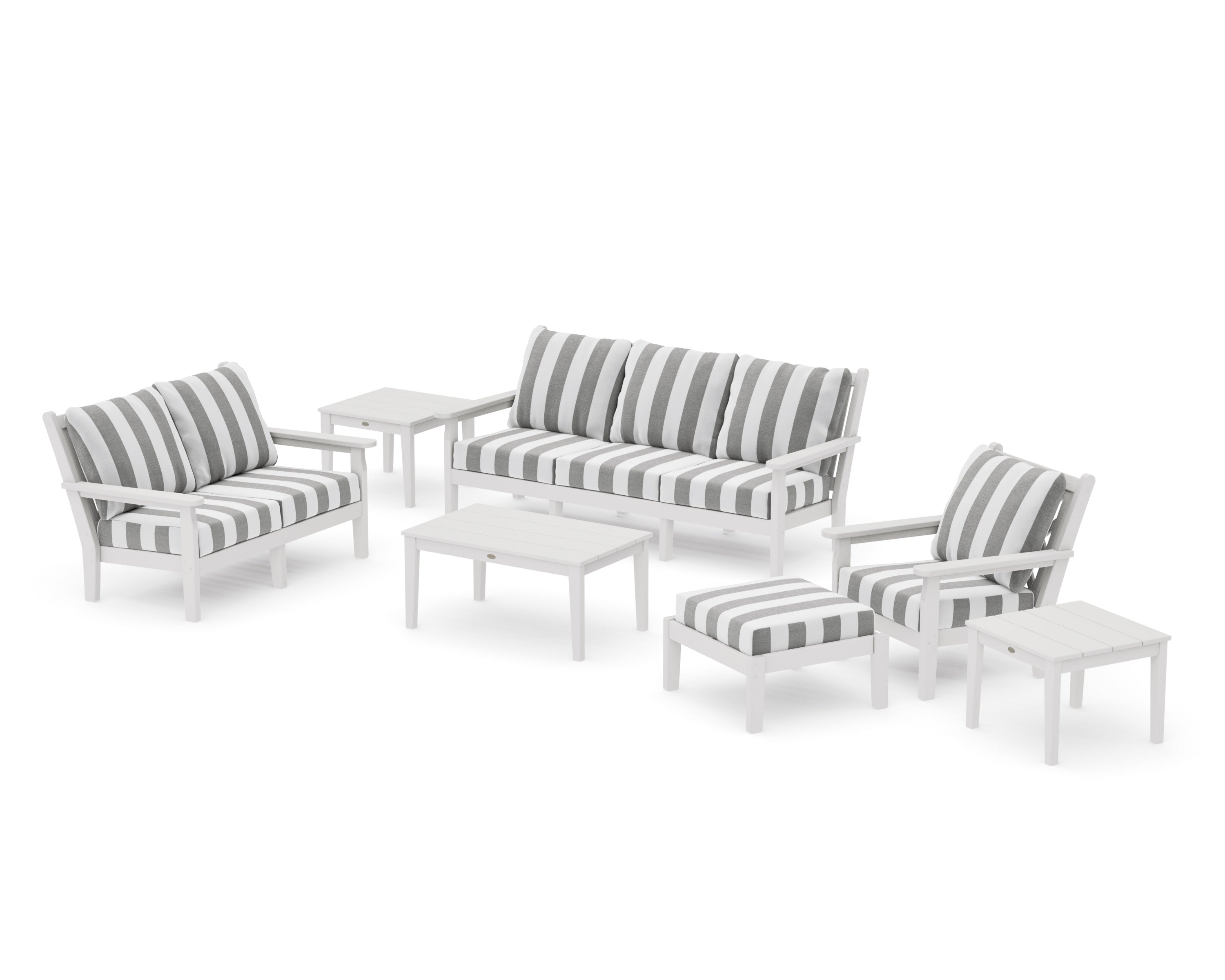 Chippendale 7-Piece Deep Seating Set in Vintage White / Cabana Stripe Grey Mist