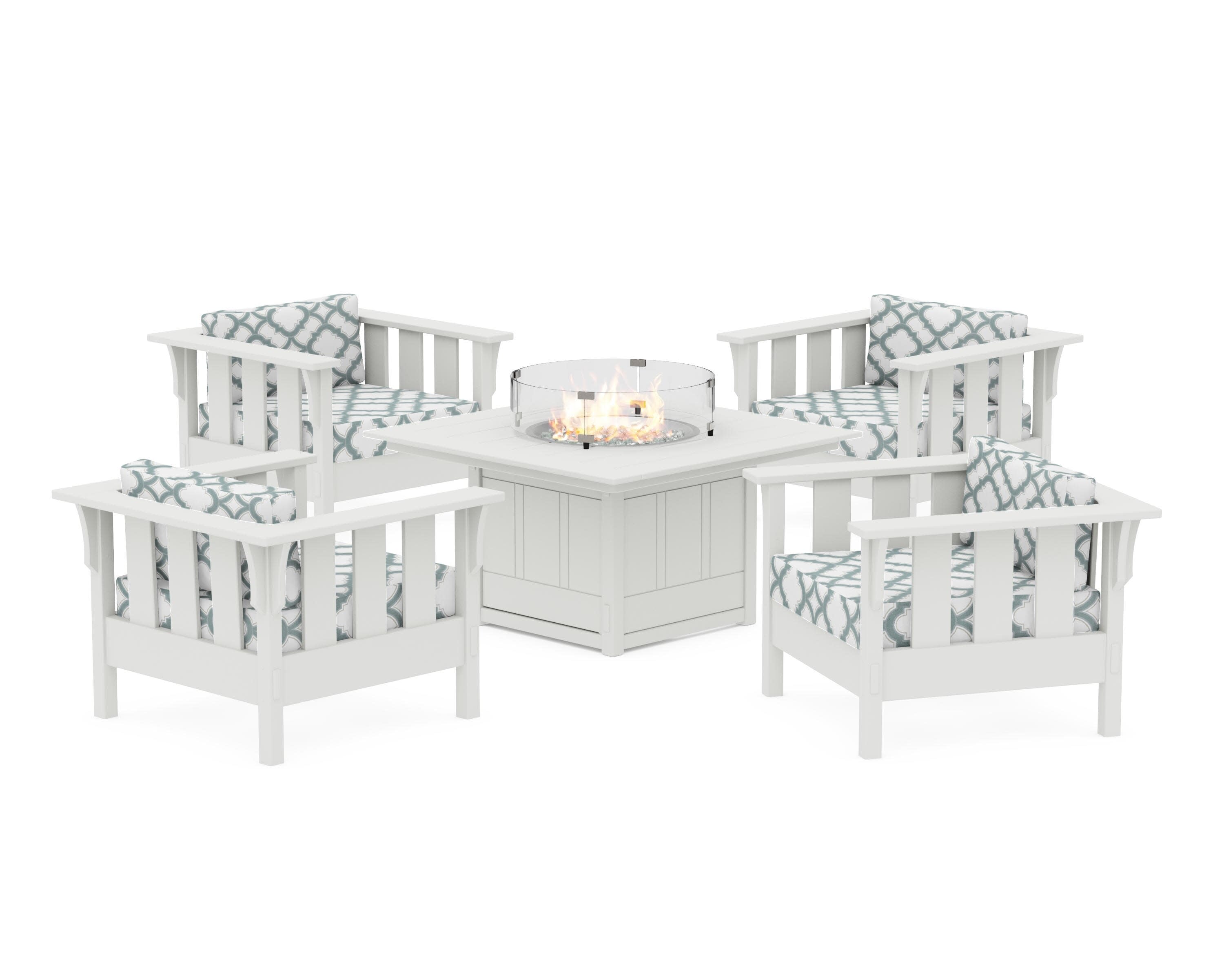 Acadia 5-Piece Deep Seating Set with Fire Pit Table in Vintage White / Trellis Glacier Spa