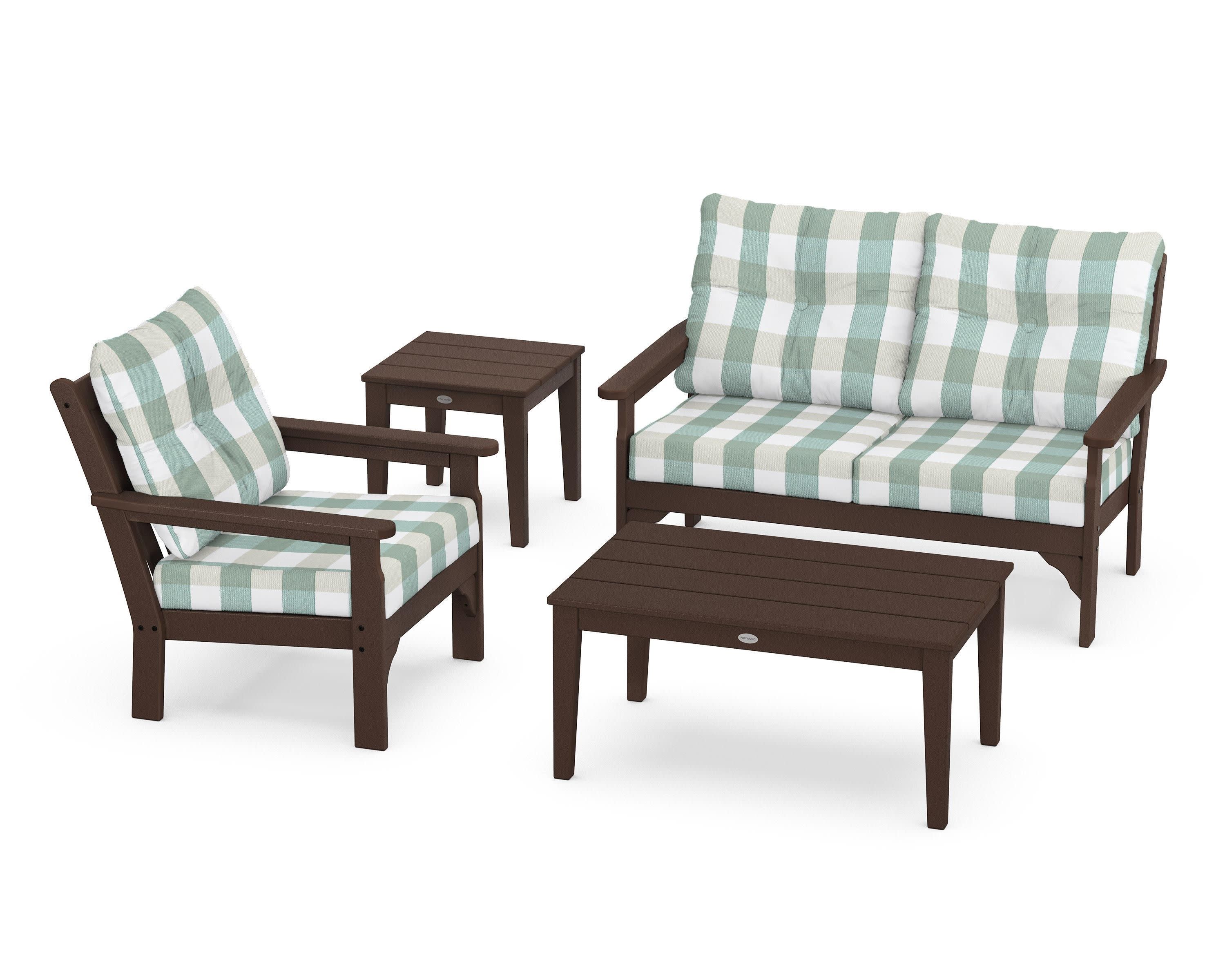 Vineyard 4-Piece Deep Seating Set in Mahogany / Buffalo Plaid Glacier Spa