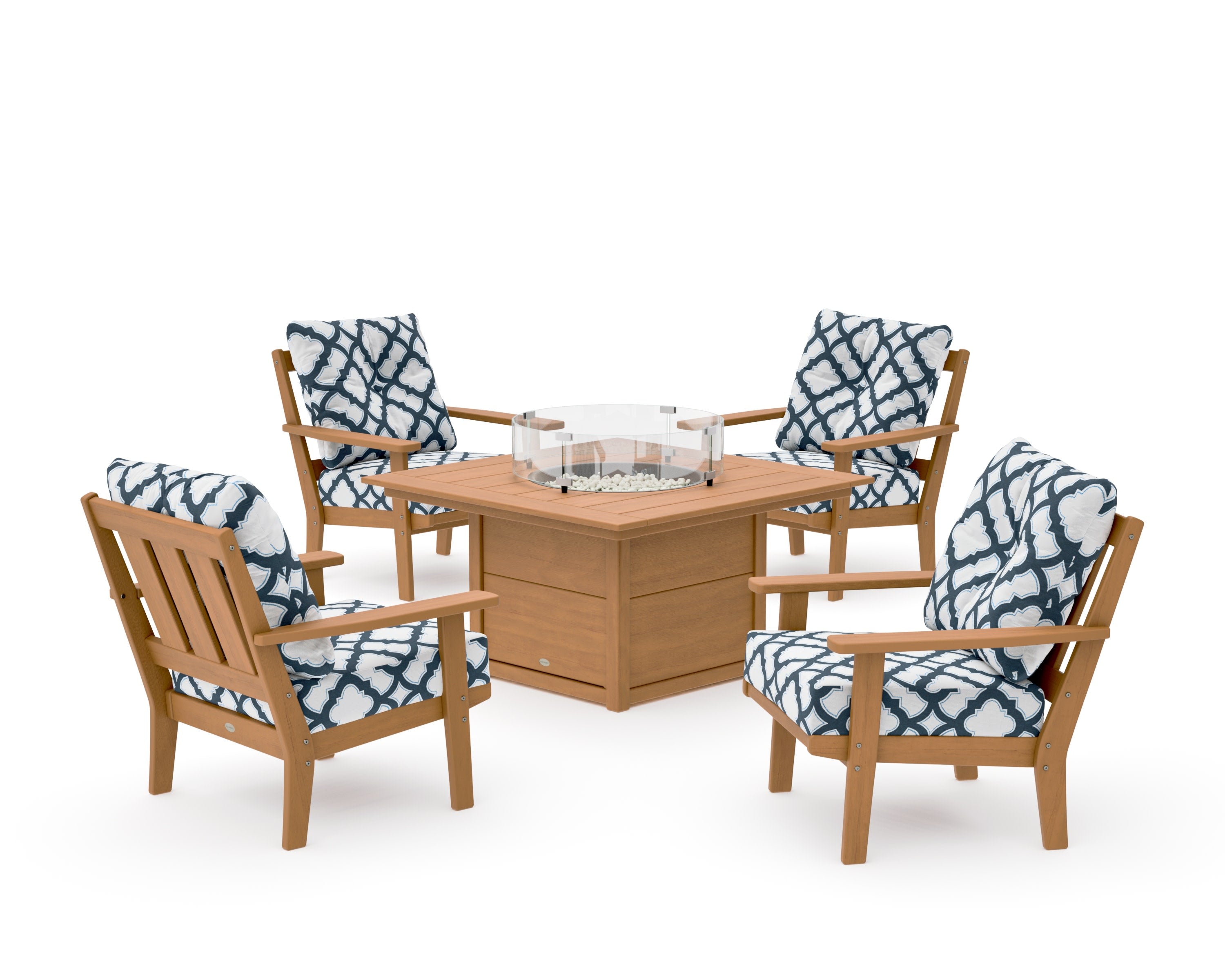 Oxford 5-Piece Deep Seating Set with Fire Pit Table in Natural / Trellis Marine Indigo