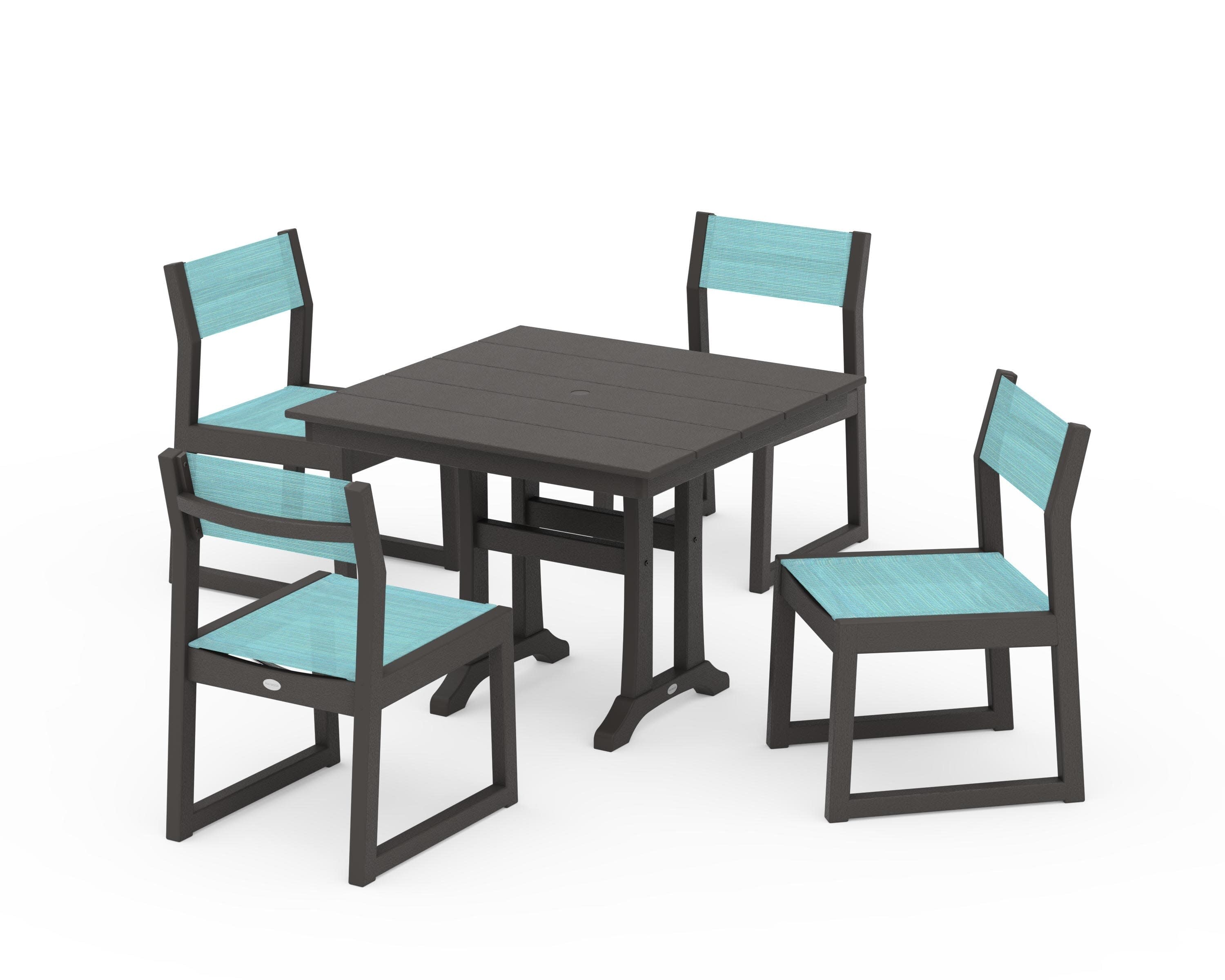 EDGE Sling 5-Piece Farmhouse Trestle Side Chair Dining Set in Vintage Coffee / Dupioni Aquamarine Sling