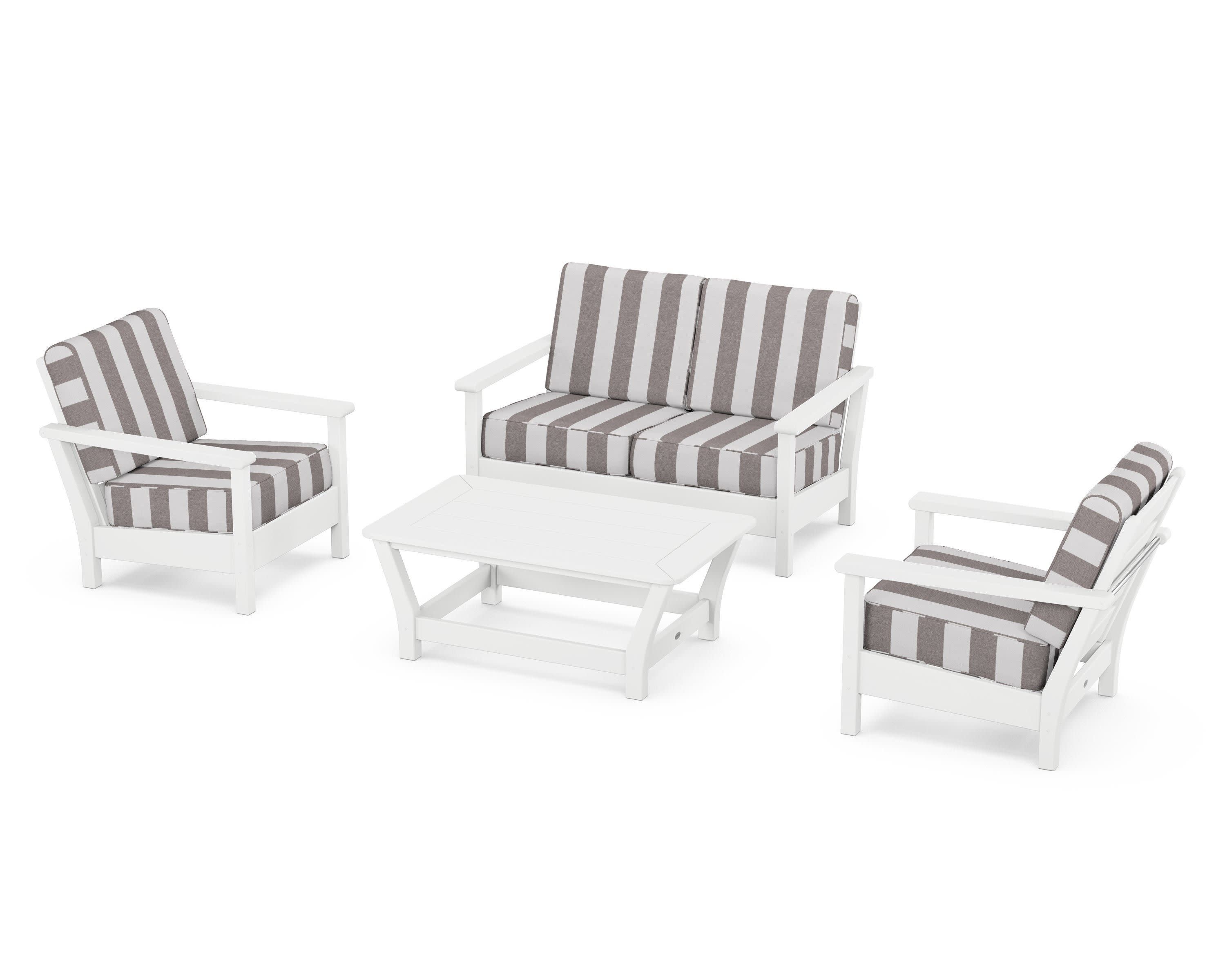Harbour 4-Piece Deep Seating Set in White / Cabana Stripe Grey Mist