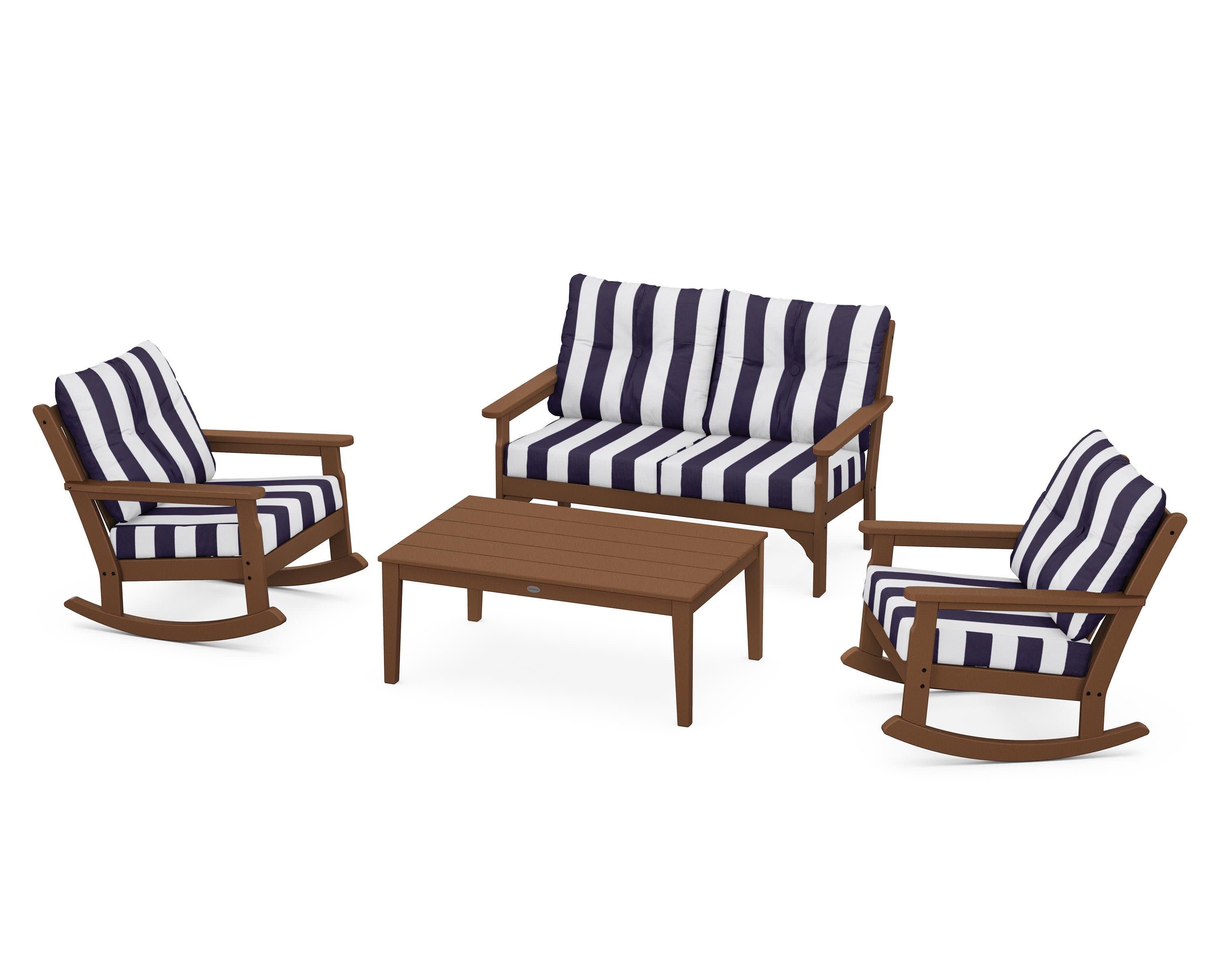 Vineyard 4-Piece Deep Seating Rocking Chair Set in Teak / Cabana Stripe Navy