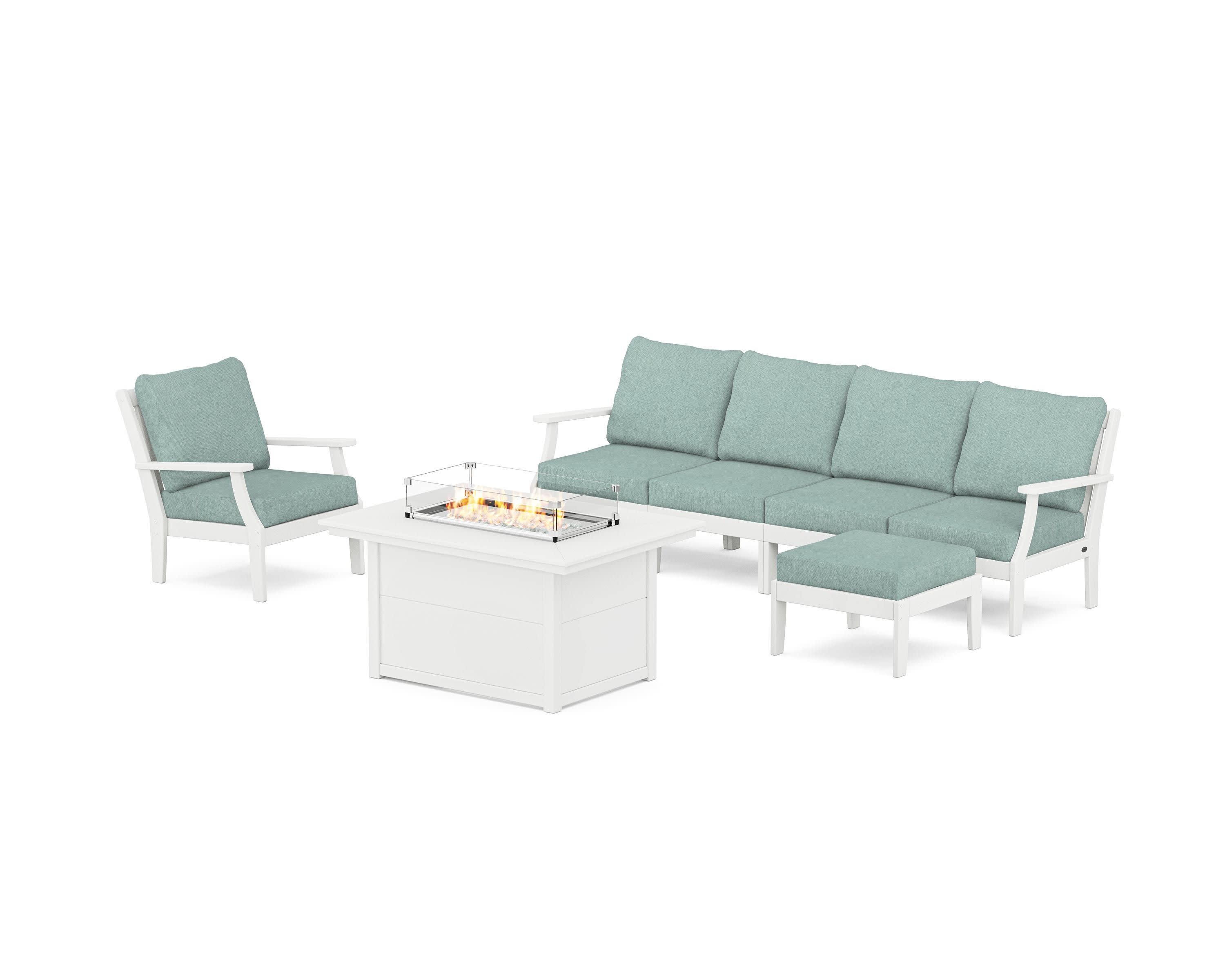 Braxton Sectional Lounge and Fire Pit Set in White / Glacier Spa
