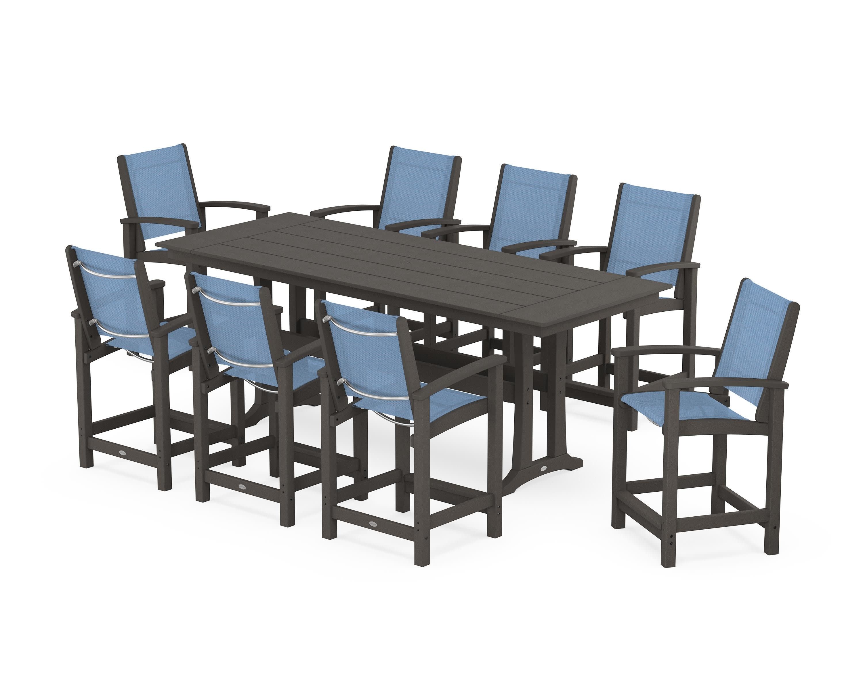 Coastal 9-Piece Farmhouse Counter Set with Trestle Legs in Vintage Coffee / Poolside Sling