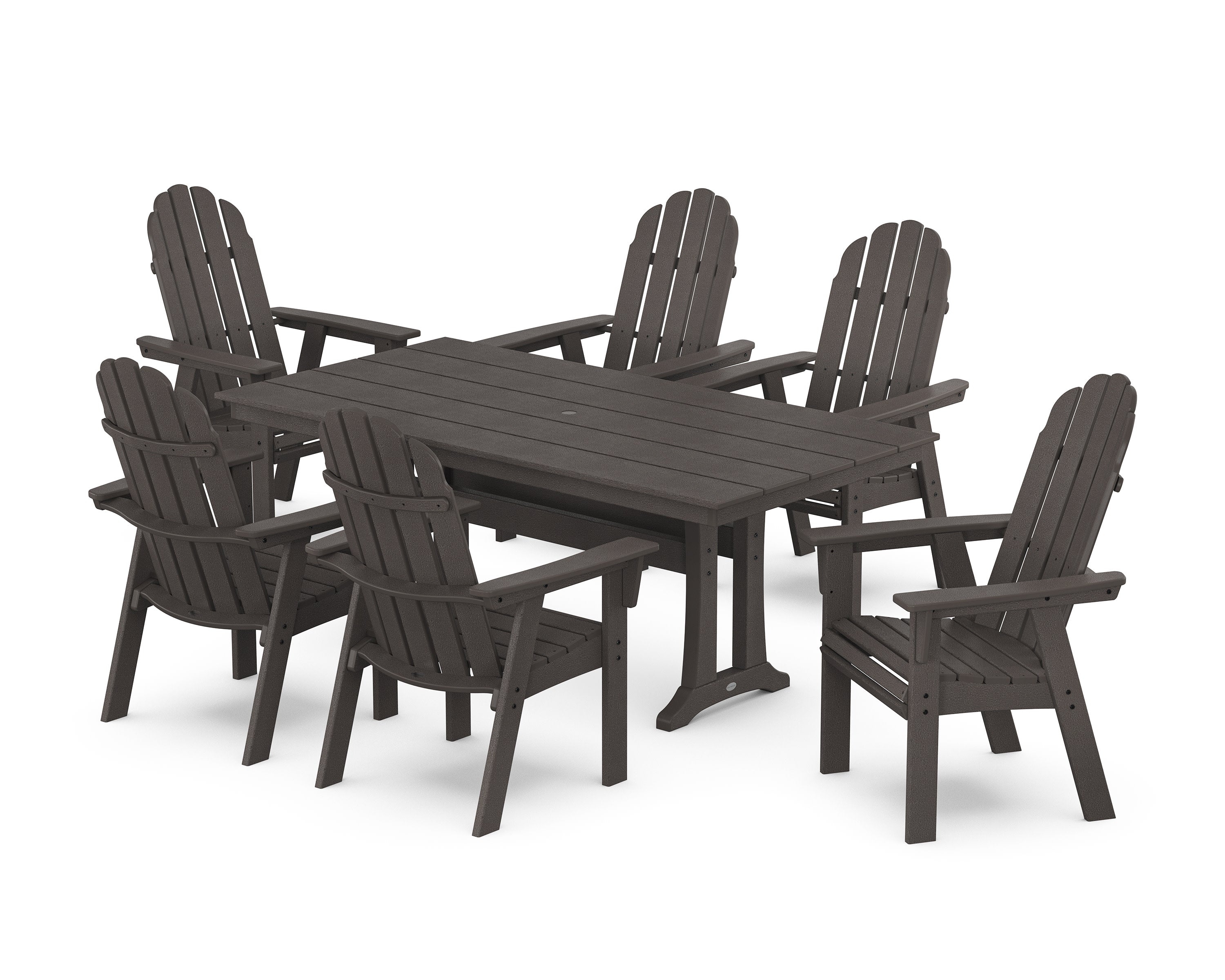 Vineyard Curveback Adirondack Chair 7-Piece Farmhouse Dining Set with Trestle Legs in Vintage Coffee