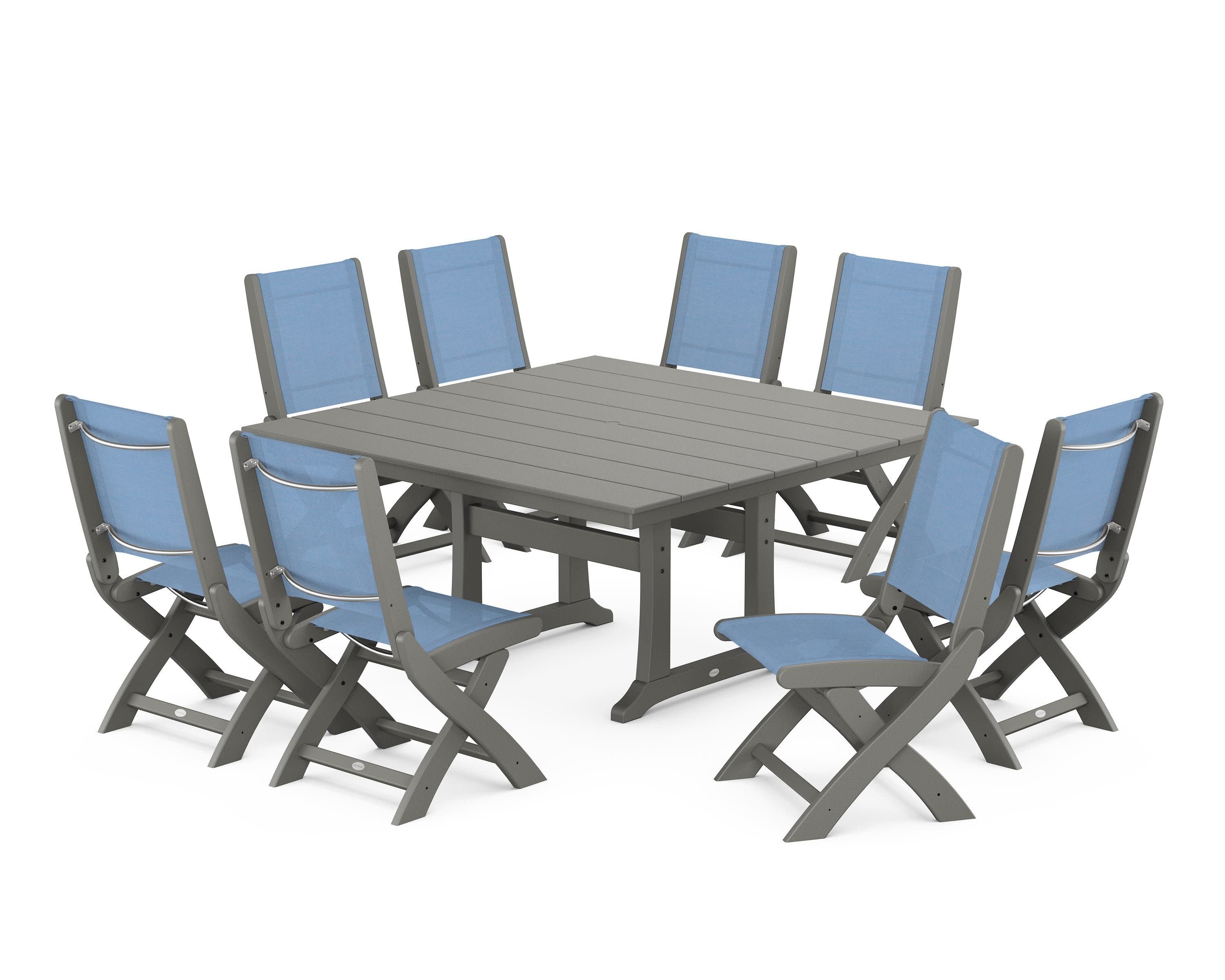 Coastal Folding Side Chair 9-Piece Farmhouse Dining Set in Slate Grey / Poolside Sling