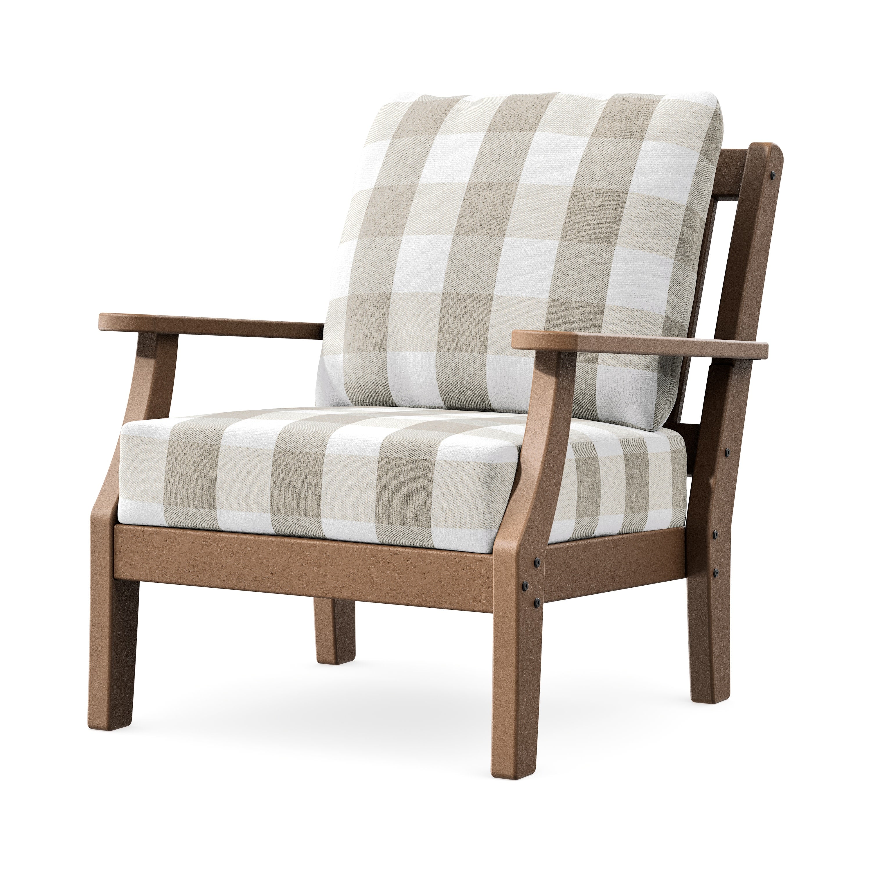 Chinoiserie Deep Seating Chair in Teak / Buffalo Plaid Dune Burlap